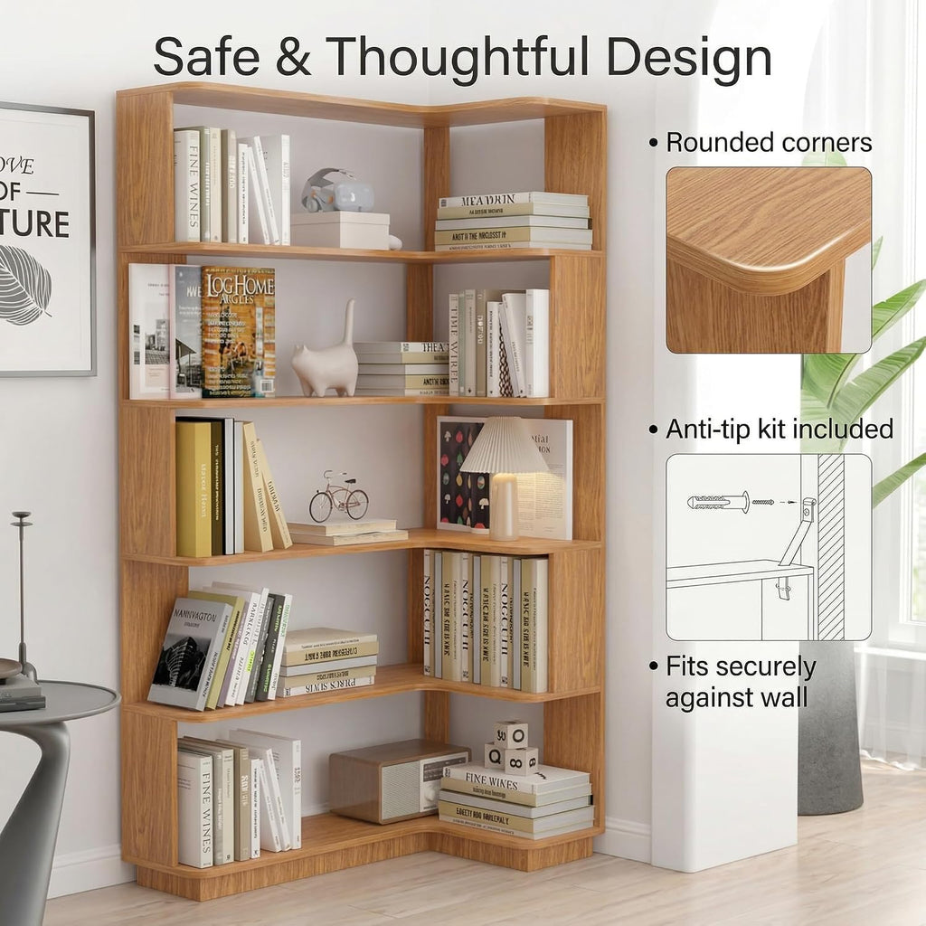 6 Tier Corner Bookshelf, Freestanding L-Shaped Wooden Bookcase with Open Shelves, Anti-Fall Panels and Anti-Tipping Device for Living Room, Home Office (Dark Oak with Left Extension)