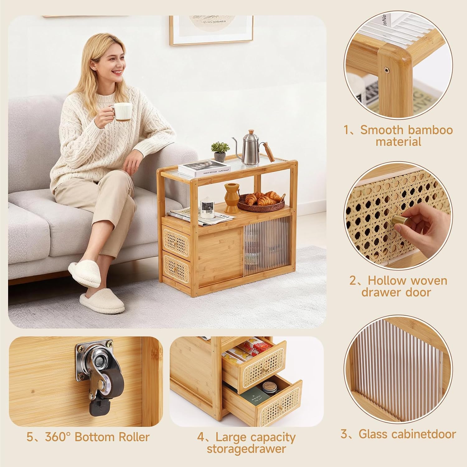 Tiita Rattan Nightstand Side Table, Bamboo Accent Bedside Tables, Glass Coffee Tables, Boho Wooden End Table with Storage for Small Space, Living Room and Bedroom