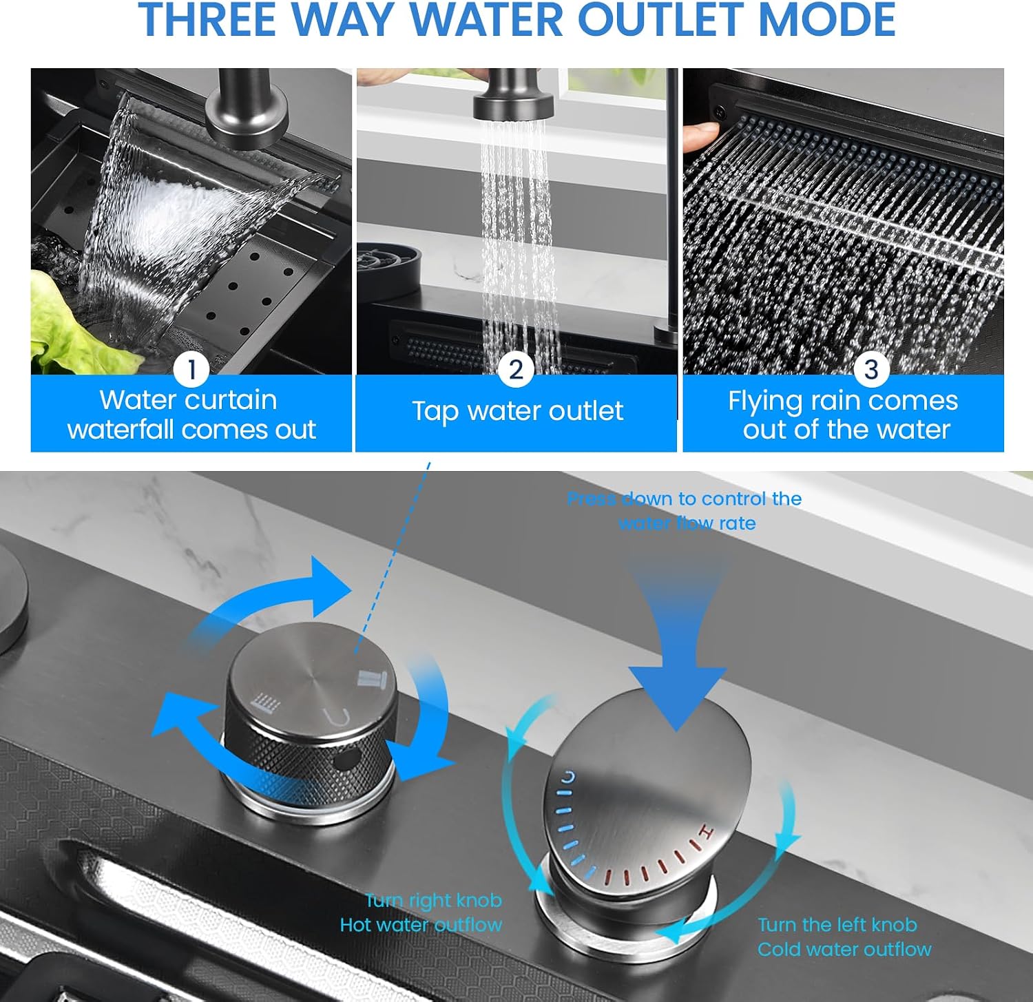 33x22 Inch Kitchen Sink with Waterfall Faucet Combo, Nano PVD Black 16 Gauge Stainless Steel Workstation, Scratch Resistant Single Bowl Drop-In Sink, Multifunctional Handmade Design
