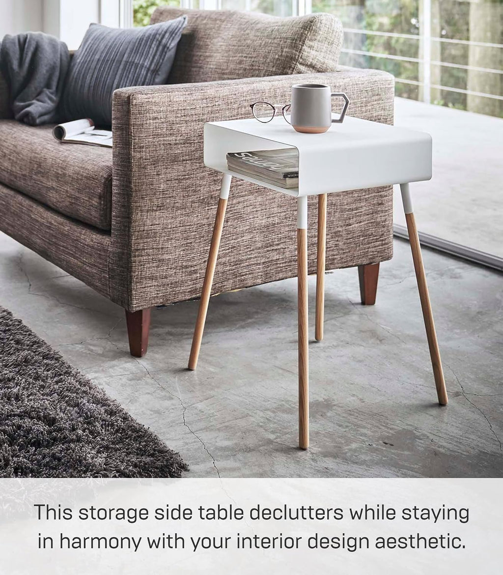 YAMAZAKI Home Plain Side Table with Open Storage Shelf, Rectangular Accent Space Saving Living Room Bedroom Couch End Table - Tall, 23' - Steel + Wood