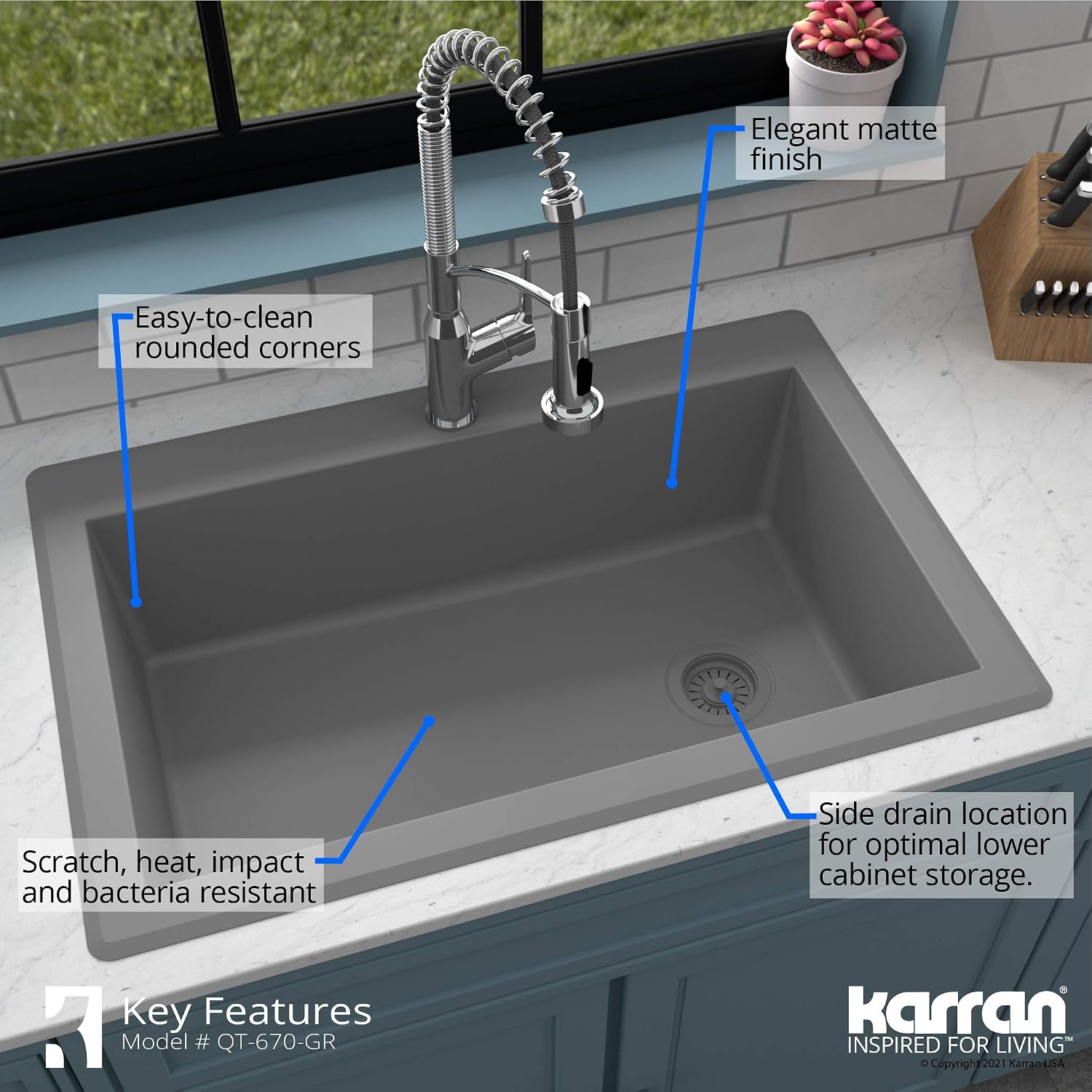 Karran QT-670 Drop-In/Top Mount 33' Single Bowl Granite Quartz Composite Kitchen Sink in Grey, Right Side Drain, Extra Deep 9' Basin, Heat & Scratch Resistant, Sound Dampening