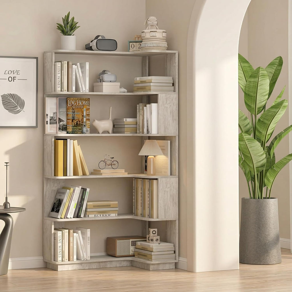 5 Tier Corner Bookshelf, Freestanding L-Shaped Wooden Bookcase with Open Shelves, Anti-Fall Panels and Anti-Tipping Device for Living Room, Home Office (Light Gray with Left Extension)