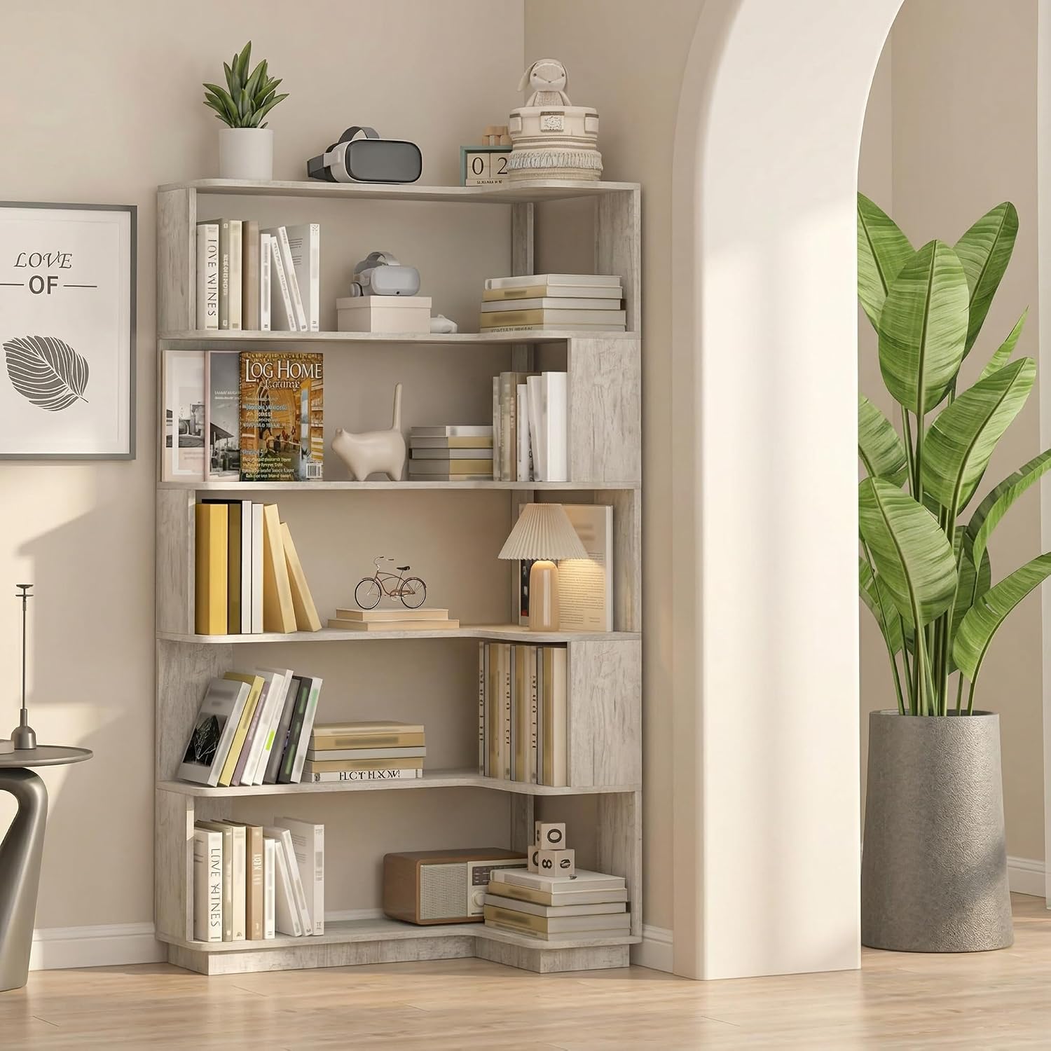 5 Tier Corner Bookshelf, Freestanding L-Shaped Wooden Bookcase with Open Shelves, Anti-Fall Panels and Anti-Tipping Device for Living Room, Home Office (Light Gray with Left Extension)