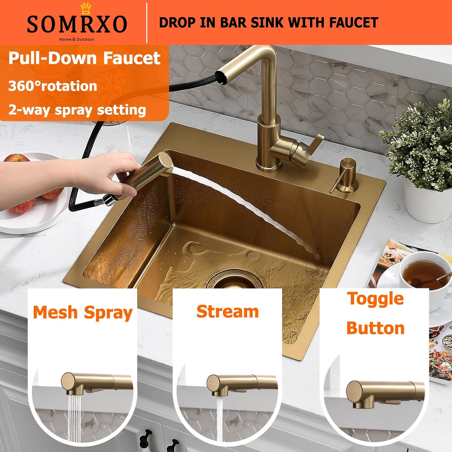 15 Inch Drop In Bar Sink with Faucet Combo | Gold Stainless Steel, Topmount Single Bowl, Durable Modern Design | Small Sink for RV, Bar Prep & Small Kitchens