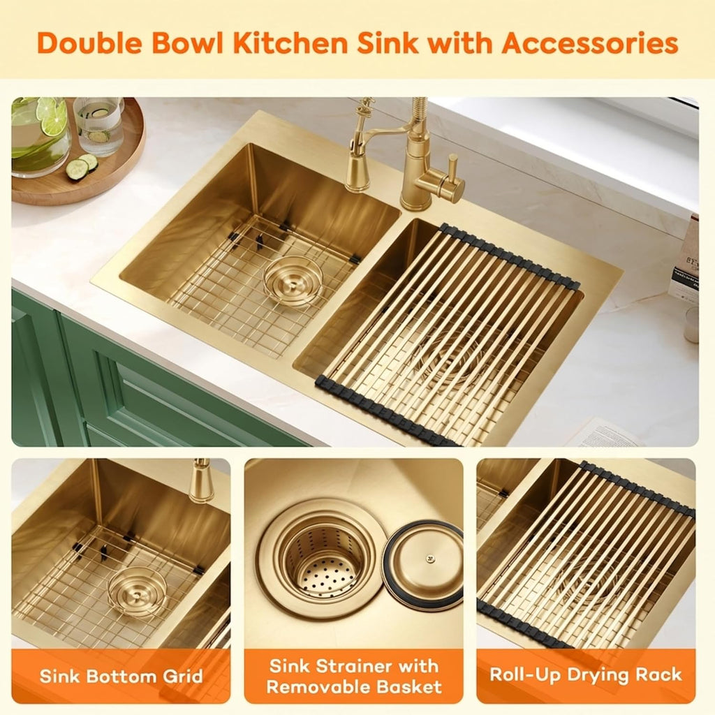 Gold Kitchen Sink,33 X 22 inch Drop in Kitchen Sinks Double Bowl,16 Gauge Stainless Steel 50/50 Double Sink,Top Mount/Drop In Double Kitchen Sink 33 inch