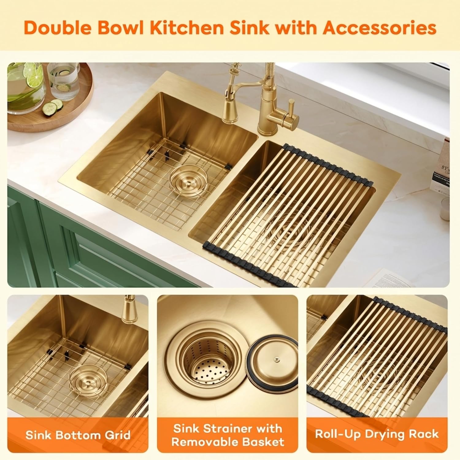 Gold Kitchen Sink,33 X 22 inch Drop in Kitchen Sinks Double Bowl,16 Gauge Stainless Steel 50/50 Double Sink,Top Mount/Drop In Double Kitchen Sink 33 inch