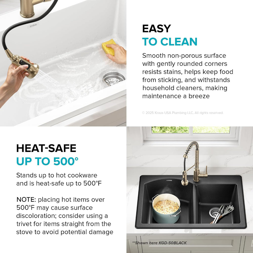 KRAUS Forteza 33-inch Granite Drop In/Undermount 60/40 Double Bowl White Kitchen Sink, KGD-50WHITE