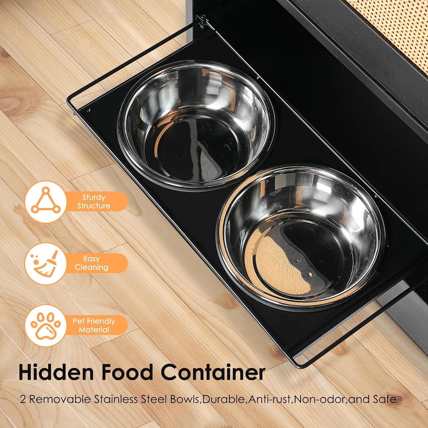 Echo Voyage Feeding Station with 1 Storage Cabinets, Pet Feeder Station with 2 Elevated Dog Bowls, Side Hooks, Anti-tip Kit, Hidden Pet Feeder Station for Feeding & Watering, Black