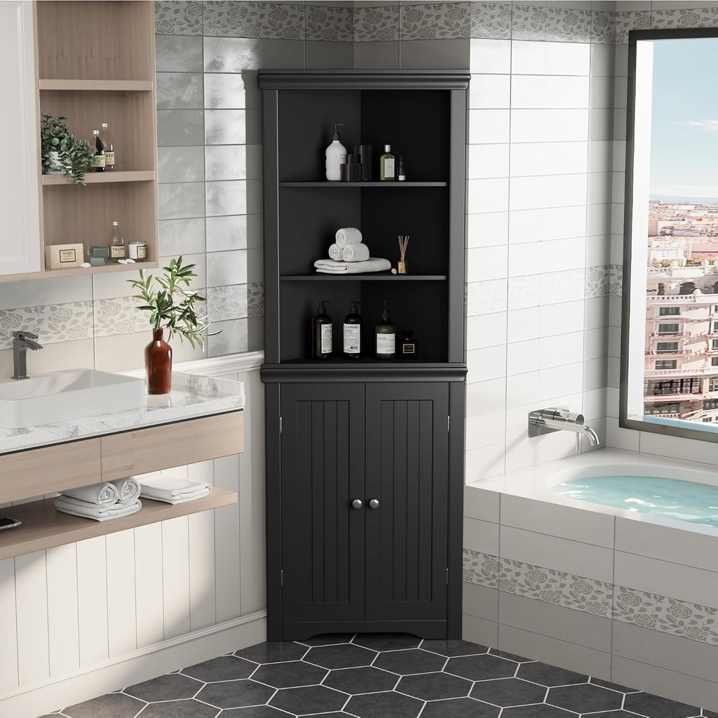 JUMMICO Corner Cabinet Corner Bathroom Cabinet with 2 Doors and 3 Tier Shelves Free Standing Corner Storage Cabinet for Bathroom, Living Room, Bedroom or Kitchen (Black)