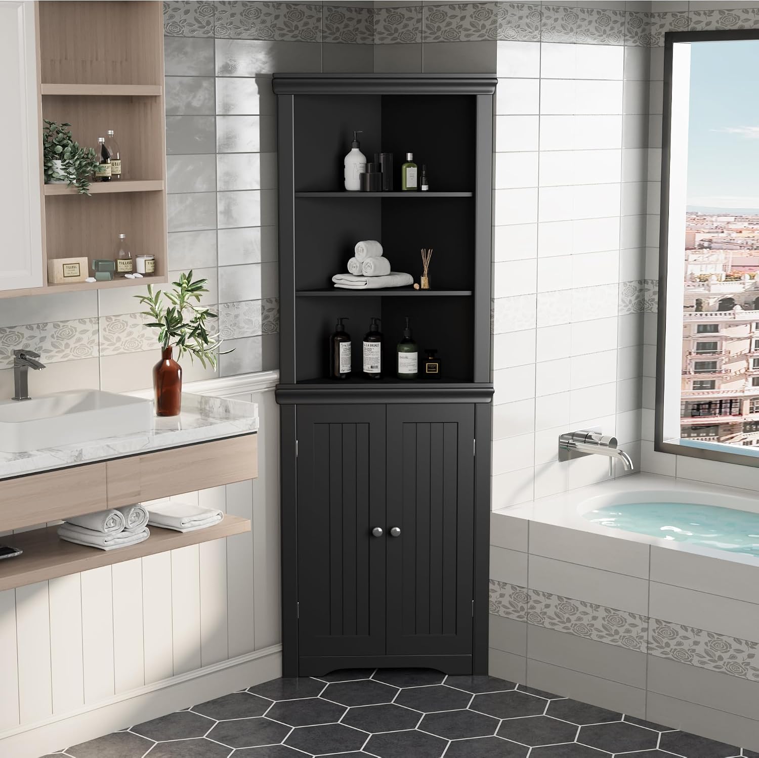 JUMMICO Corner Cabinet Corner Bathroom Cabinet with 2 Doors and 3 Tier Shelves Free Standing Corner Storage Cabinet for Bathroom, Living Room, Bedroom or Kitchen (Black)
