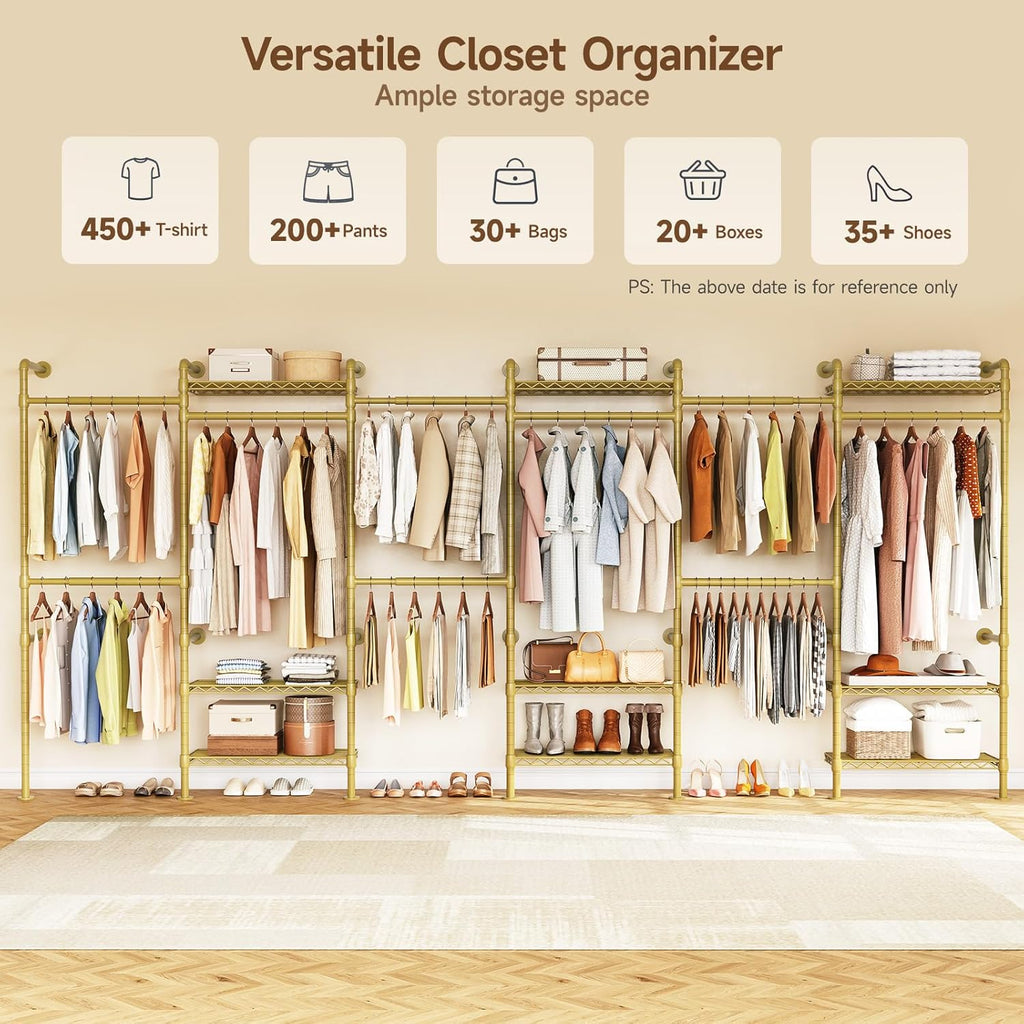 H6 Wall Mounted Closet System, Industrial Pipe Clothes Rack Clothing Racks with 6 Telescopic Rods & 3 Fixing Rods & 9 Shelves, Heavy Duty Closet Organizers and Storage in Wardrobe Closet (Gold)
