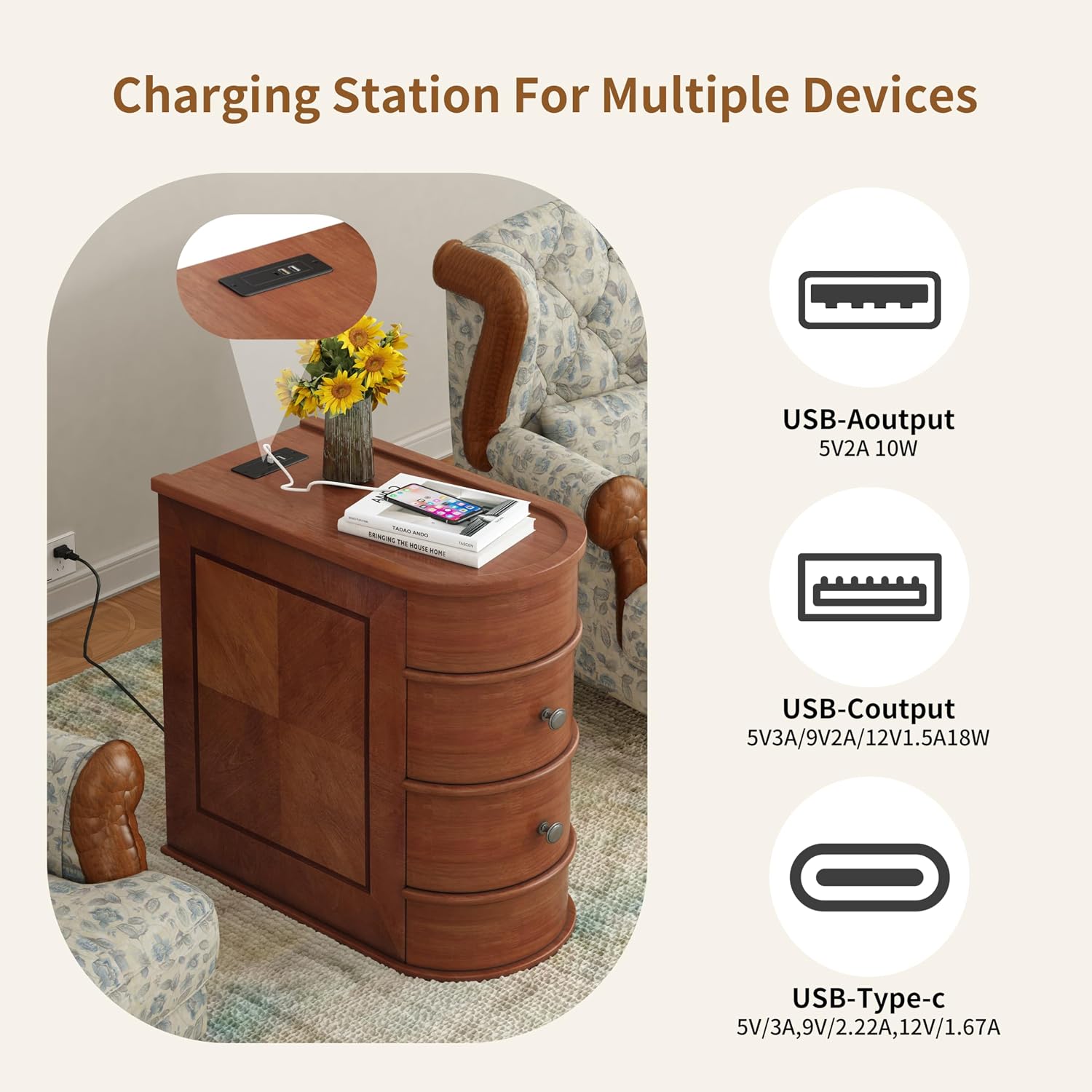 Narrow End Table with Charging Station, Vintage Slim Sofa Side Table & Nightstand with 2 Drawers, Compact Wood Storage for Living Room Bedroom Small Spaces, Fully Assembled, Brown