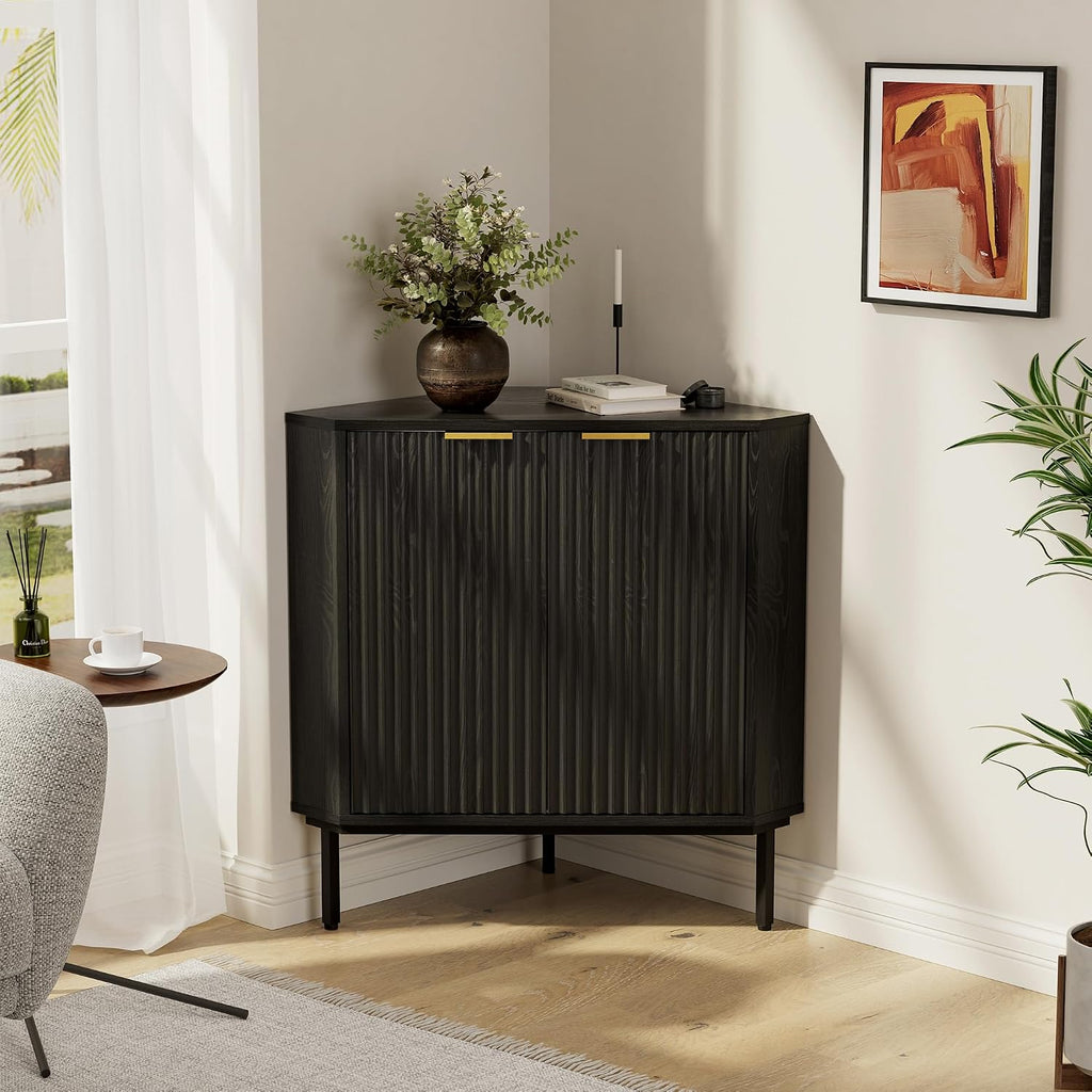 Modern Fluted Corner Cabinet, Small Floor Storage Cabinet with Adjustable Shelf & Metal Legs, Wooden Freestanding Narrow Organizer for Living Room Kitchen, Black