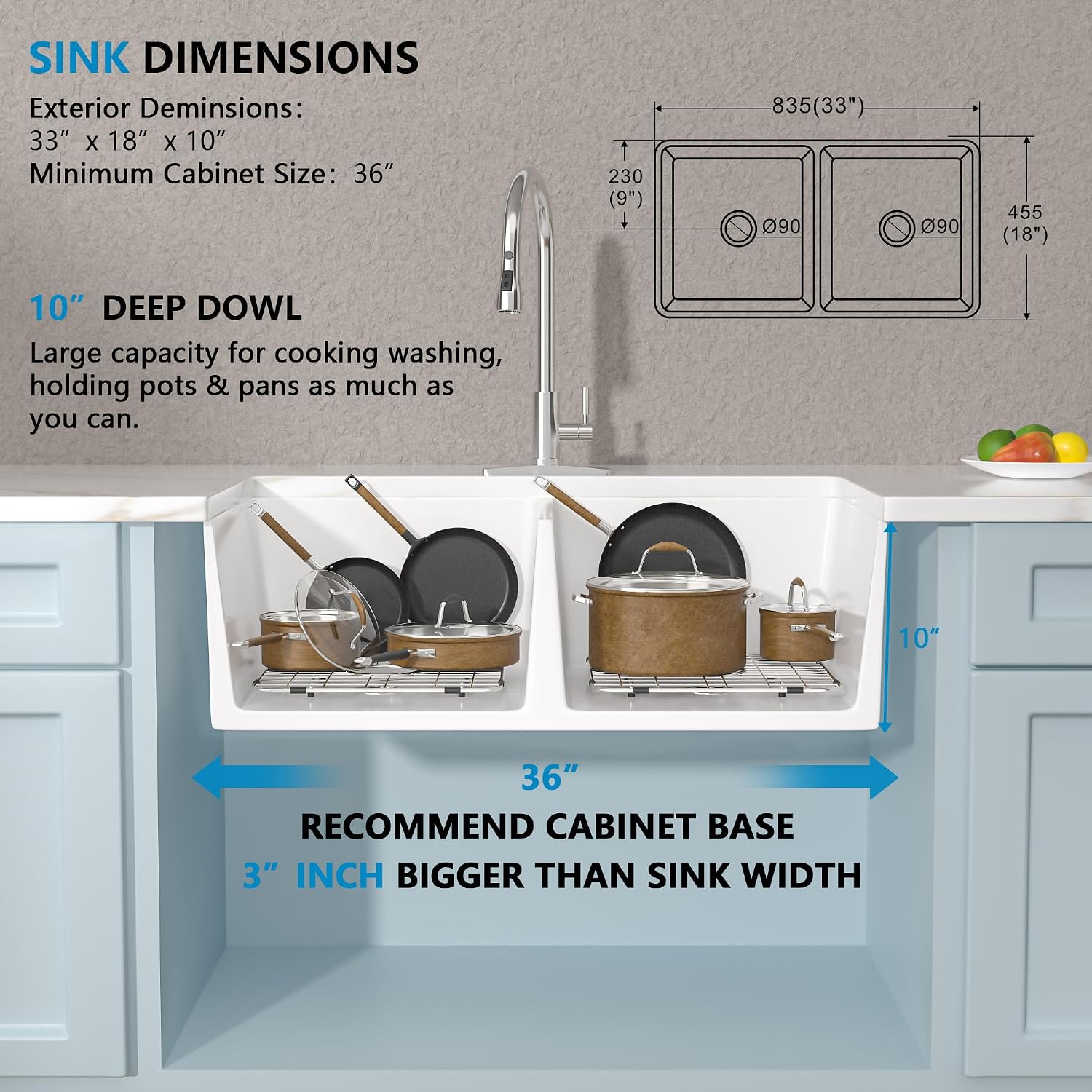 33 White Farm Sink Double Bowl - Fulorni 33'×18' Farmhouse Kitchen Sink Reversible Apron Front Double Bowl 50/50 Ceramic Porcelain Fireclay Farmer Style Basin