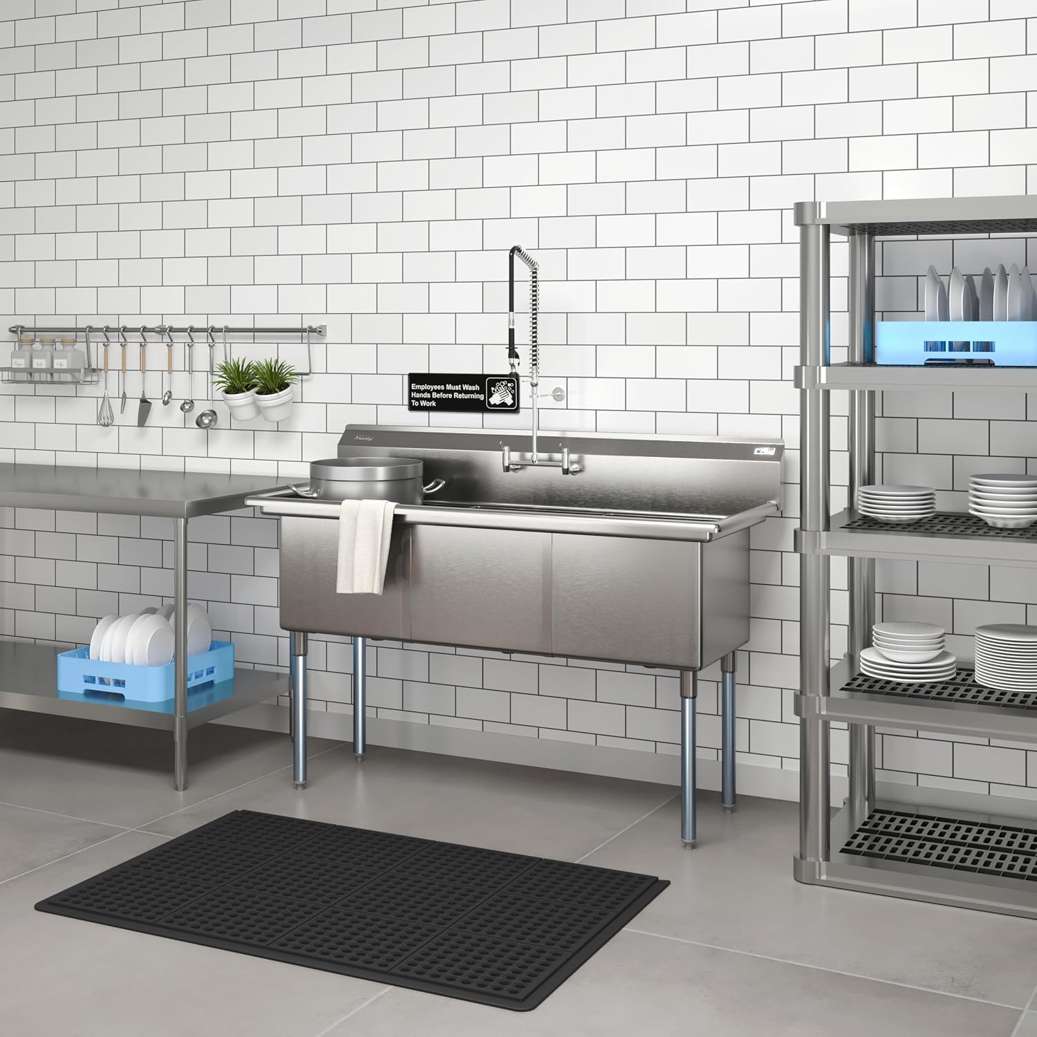 KoolMore 60 in. Three Compartment 18-Gauge Stainless-Steel NSF Commercial Kitchen Sink, Bowl Size 18x18x14, with Three Basins and Pre-Drilled Faucet Holes for Restaurants and Cafes (KM-SC181814-N3)