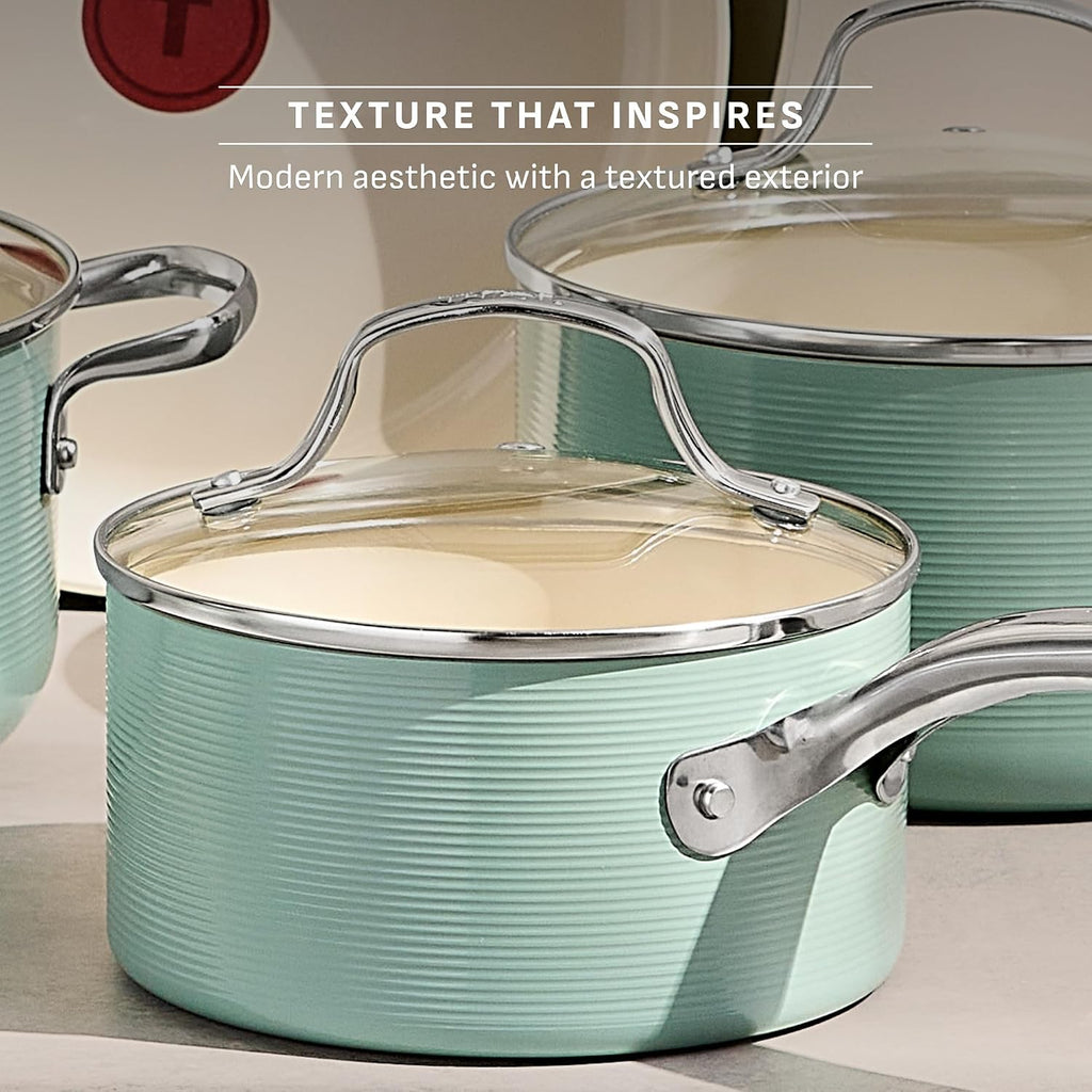 T-Fal Inspire Nonstick Cookware Set, 10-Piece, Oven Safe to 500°F, Stockpot, Ceramic Pots and Pans Set, Frying Pans, Saucepans, Protectors, Mint Green