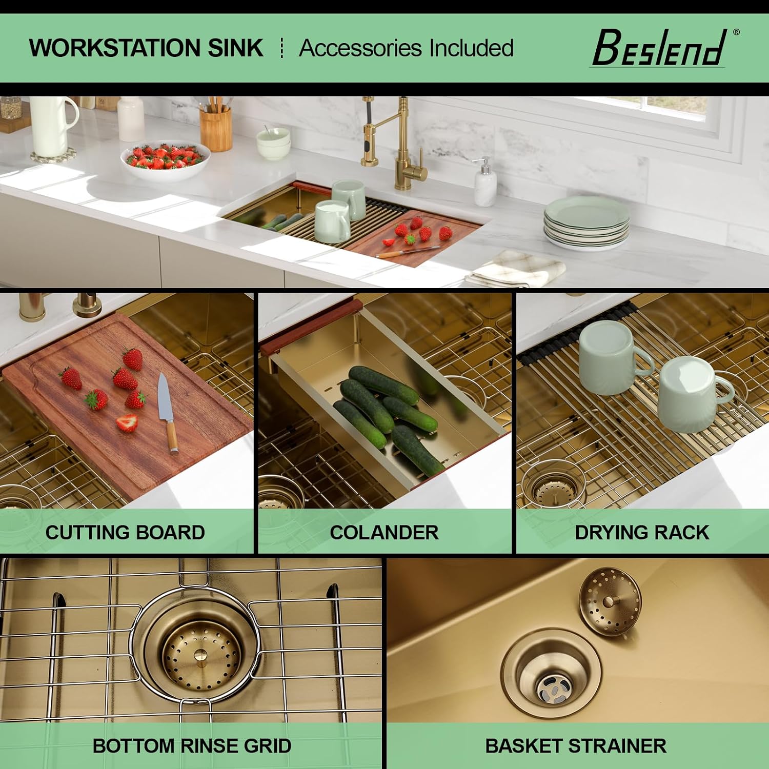 30 Inch Gold Undermount Kitchen Sink, 30x19 50/50 Double Bowl Workstation Sink, 16 Gauge T304 Heavy Duty Stainless Steel Low Divide Golden Kitchen Sink with Gold Accessories