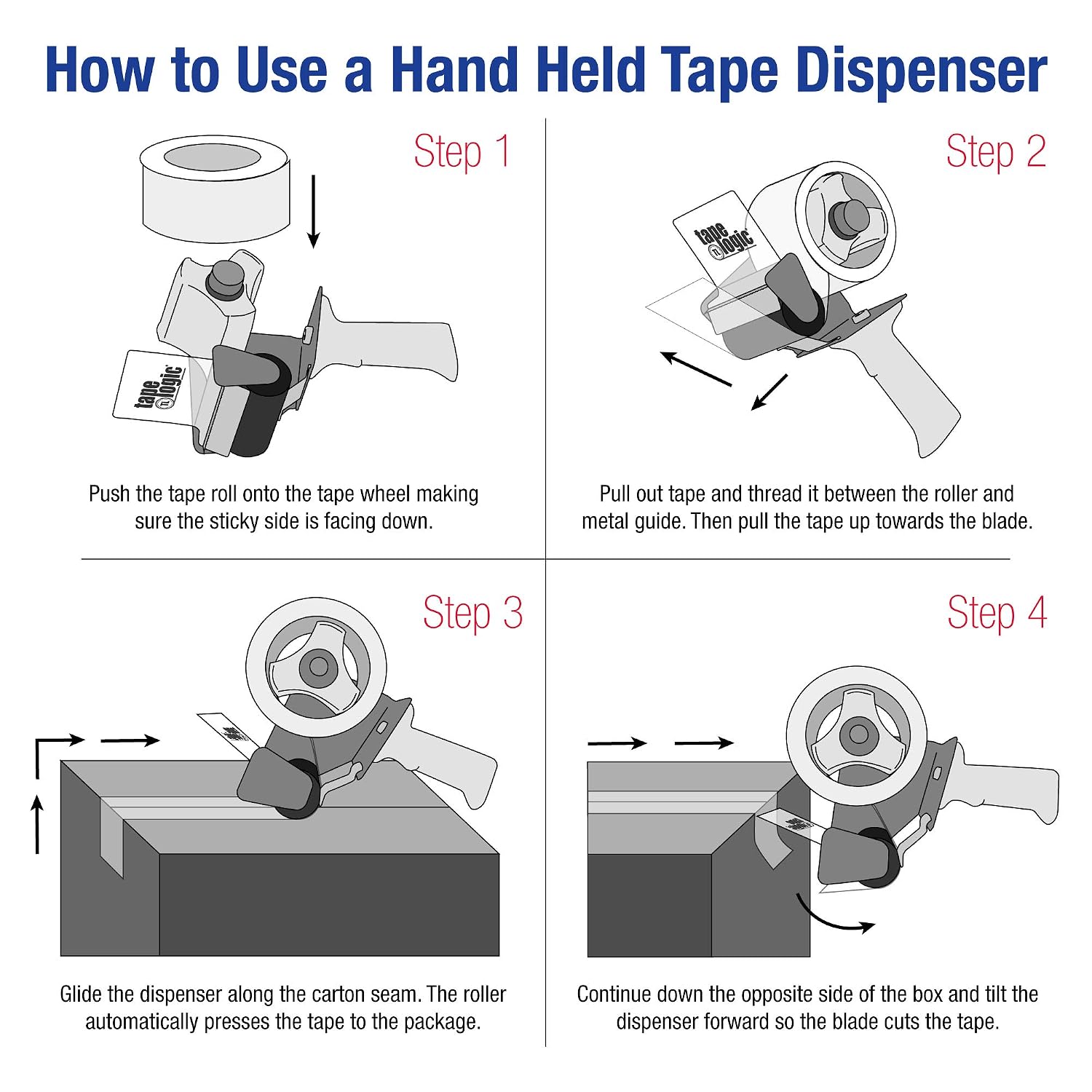 Box USA Tape Logic (4 Pack) Heavy-Duty Carton Sealing Tape Dispenser, 4', Blue/White