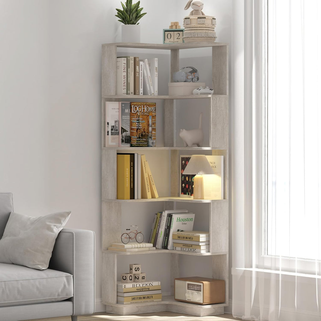 GDFStudio 64.6' Tall L-Shaped Corner Bookshelf, 6-Tier Freestanding Corner Shelf Bookcase with Anti-Drop Panels, Wooden Open Back Display Shelves Organizer for Living Room Bedroom Office, Light Gray