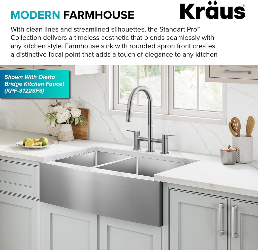 Kraus KHF204-33 Standart PRO Kitchen Stainless Steel Sink, 16 Gauge, 33' Undermount Round Apron 40/60 Double Bowl Kitchen Sink