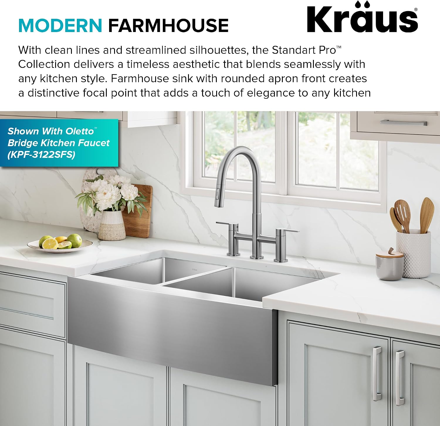 Kraus KHF204-33 Standart PRO Kitchen Stainless Steel Sink, 16 Gauge, 33' Undermount Round Apron 40/60 Double Bowl Kitchen Sink