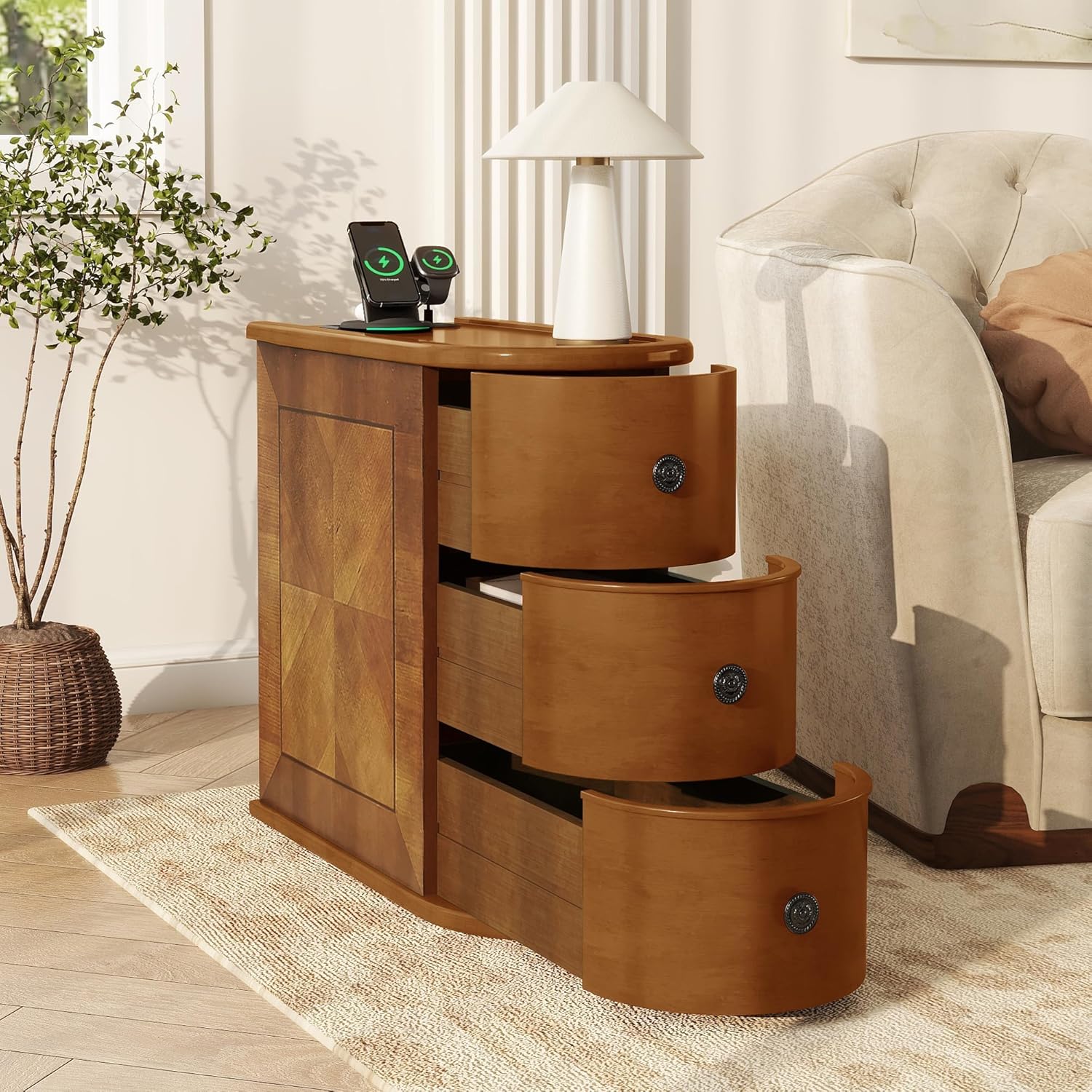 Wood Narrow End Table with Charging Station, 3-Drawer Tall Side Table Slim Sofa Chair Couch Accent Tables for Small Spaces,Living Room, Bedroom, Fully Assembled, Brown