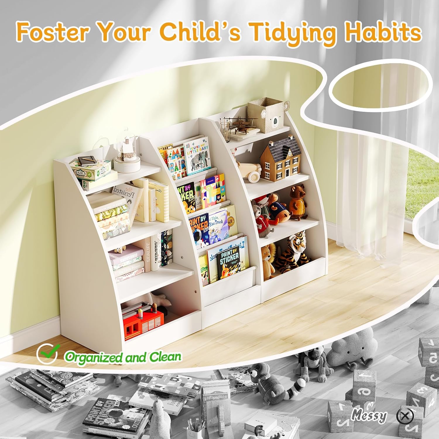 4 Tier Kids Bookshelf, 4 Layer Sling Kids Book Shelf for Kids Rooms, XL Wood Children Bookcase,Baby Storage Book Rack,Toddler Bookshelf, Book and Toy Organizer,Book Display Shelf for Bedroom, Nursery