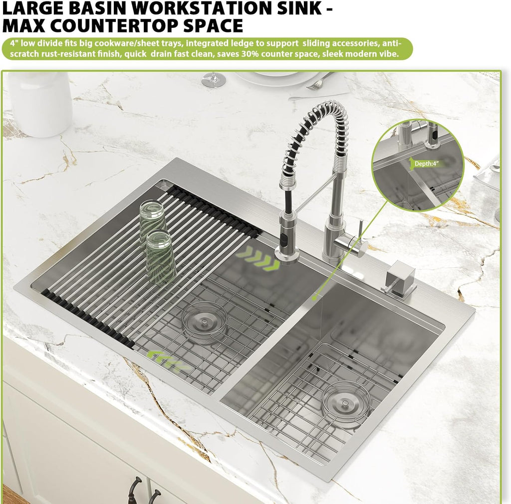Drop In Kitchen Sink 33 Inch Workstation Double Bowl 60/40 Kitchen Sink With Lower Divider Large 304 Stainless Steel 16 Gauge Above Counter Topmount 33x22x10 Kitchen Sinks