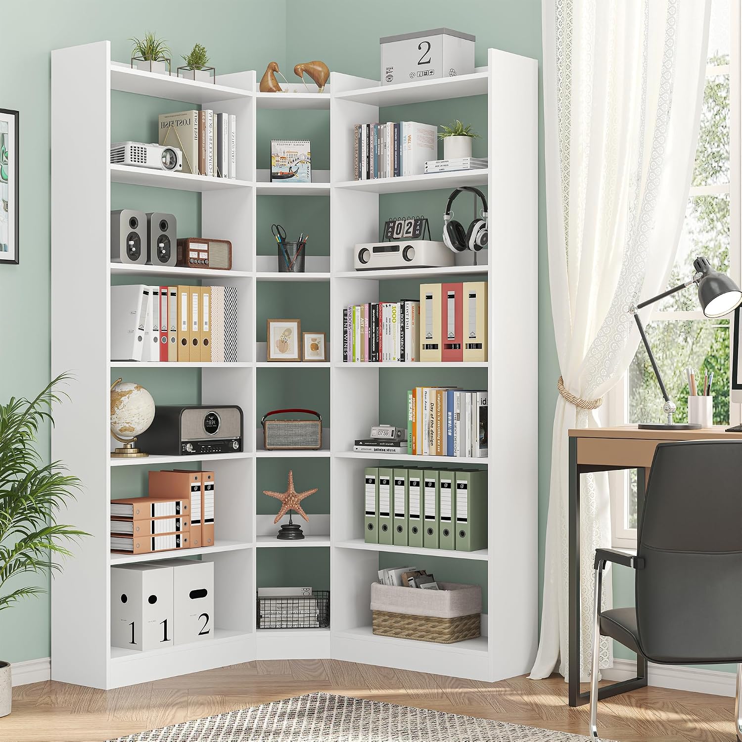 Nosepen 70.8' Tall Corner Bookshelf and Bookcases, 7 Tiers Morden Large Etagere Bookcases Storage Display Rack with Baffle, Industrial L Shaped Bookshelves for Bedroom, Home Office, Living Room, White