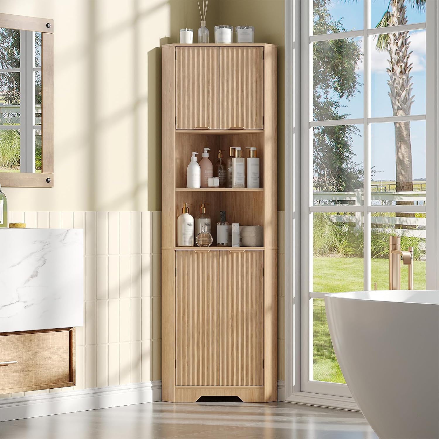 Fameill Tall Corner Cabinet with 2 Doors and 2 Open Storage Shelves, 68' Corner Storage Cabinet with Fluted Door Design, Home Space Saver for Living Room, Bathroom, Kitchen, Laundry, Natural Oak Color