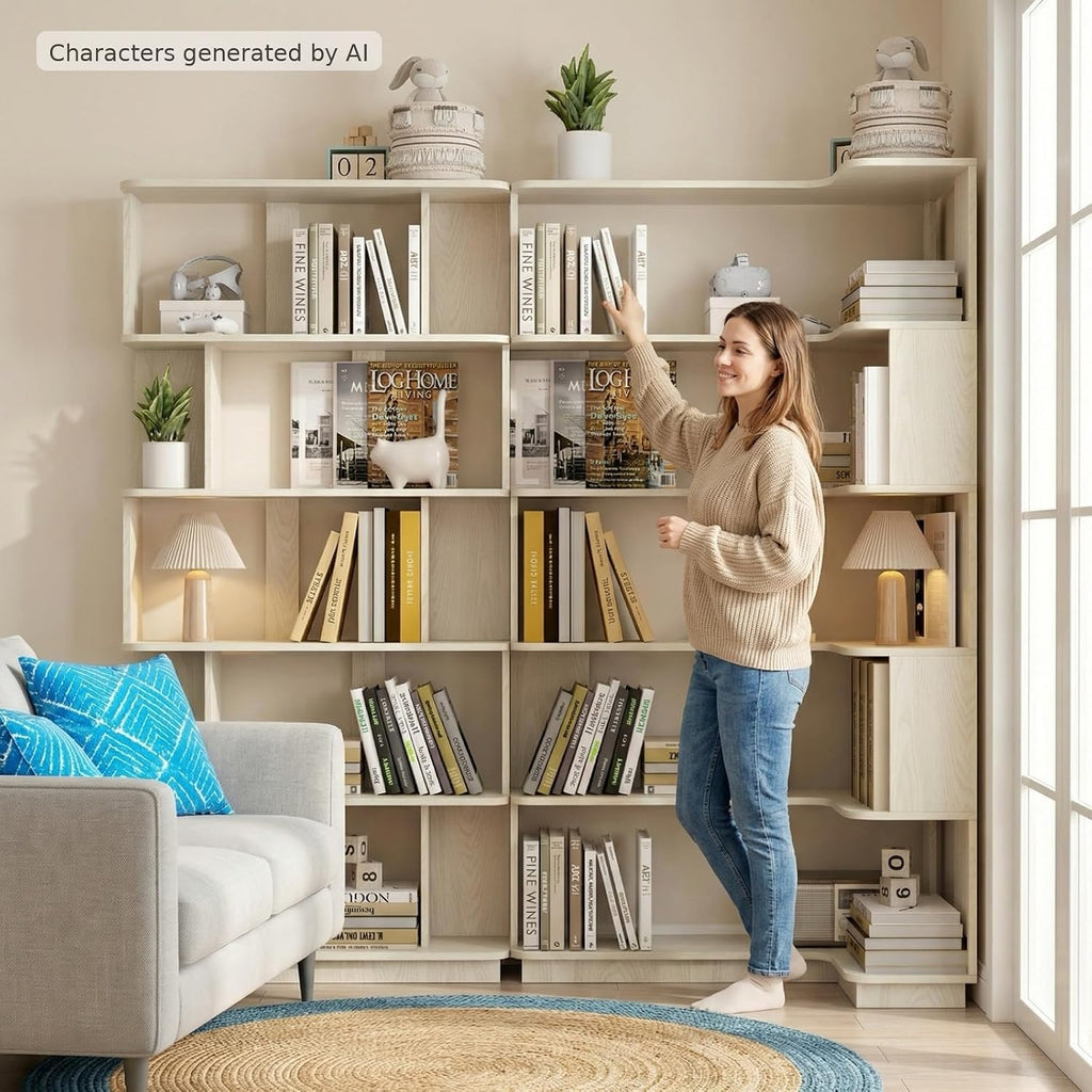 Corner Bookshelf, L Shaped, Set of 2,White Oak | Modular Geometric Design, Large Storage Display, Freestanding Wooden Unit, For Living Room Home Office