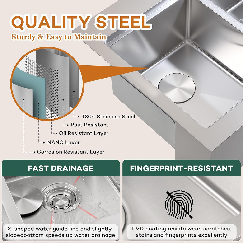 Rhbamoa 28 Inch Double Farmhouse Sink,16-Gauge T304 Drop In Farm Sink,50/50 Topmount Double Bowl Apron Front Farm Sinks,10 Inch Depth Stainless Steel Farmhouse Sinks with All Accessories