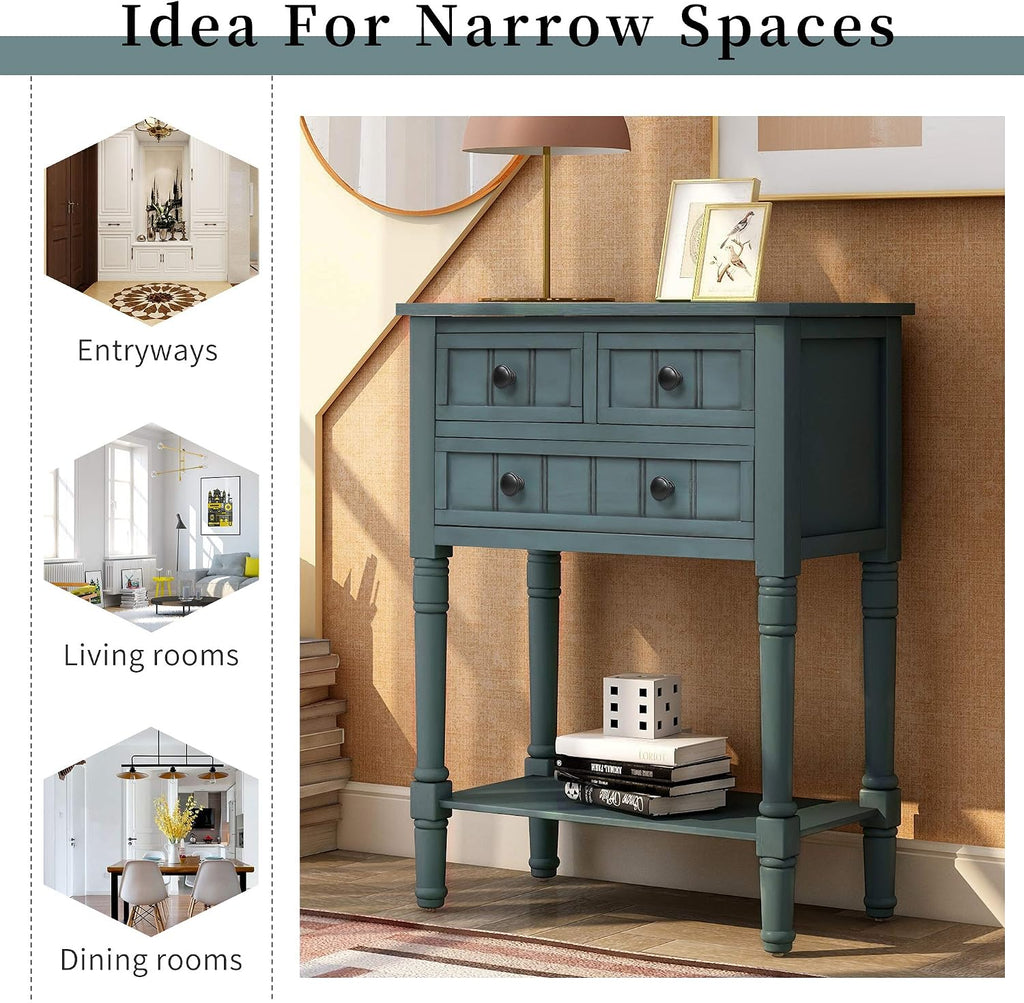 P PURLOVE Narrow Console Table, Farmhouse Entryway Table Slim Sofa Table with Three Storage Drawers and Bottom Shelf, Wood Entry Table for Living Room,Easy Assembly,Navy