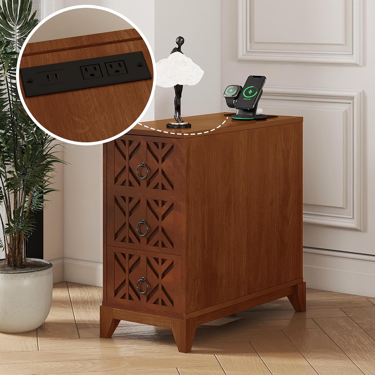 End Table with 3 Drawers & 4 Adjustable Shelves,Corner Table with USB & AC Charge Station,X-Shaped Carved Front,Solid Wood Frame,Tall Narrow Side Tables for Bedroom,Living Room,Small Space,Natural