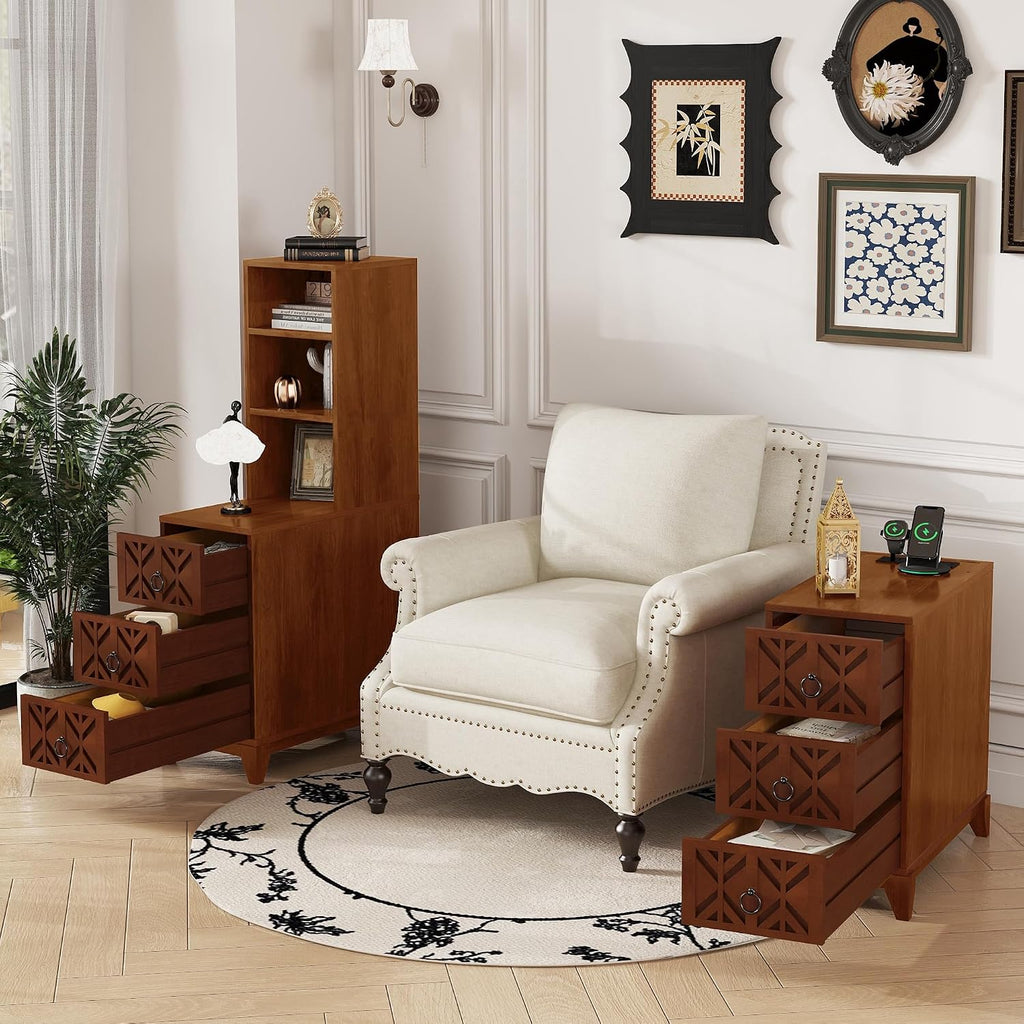 End Table with 3 Drawers & 2 Adjustable Shelves,Corner Table with USB & AC Charge Station,X-Shaped Carved Front,Solid Wood Frame,Tall Narrow Side Tables for Bedroom,Living Room,Small Space,Natural