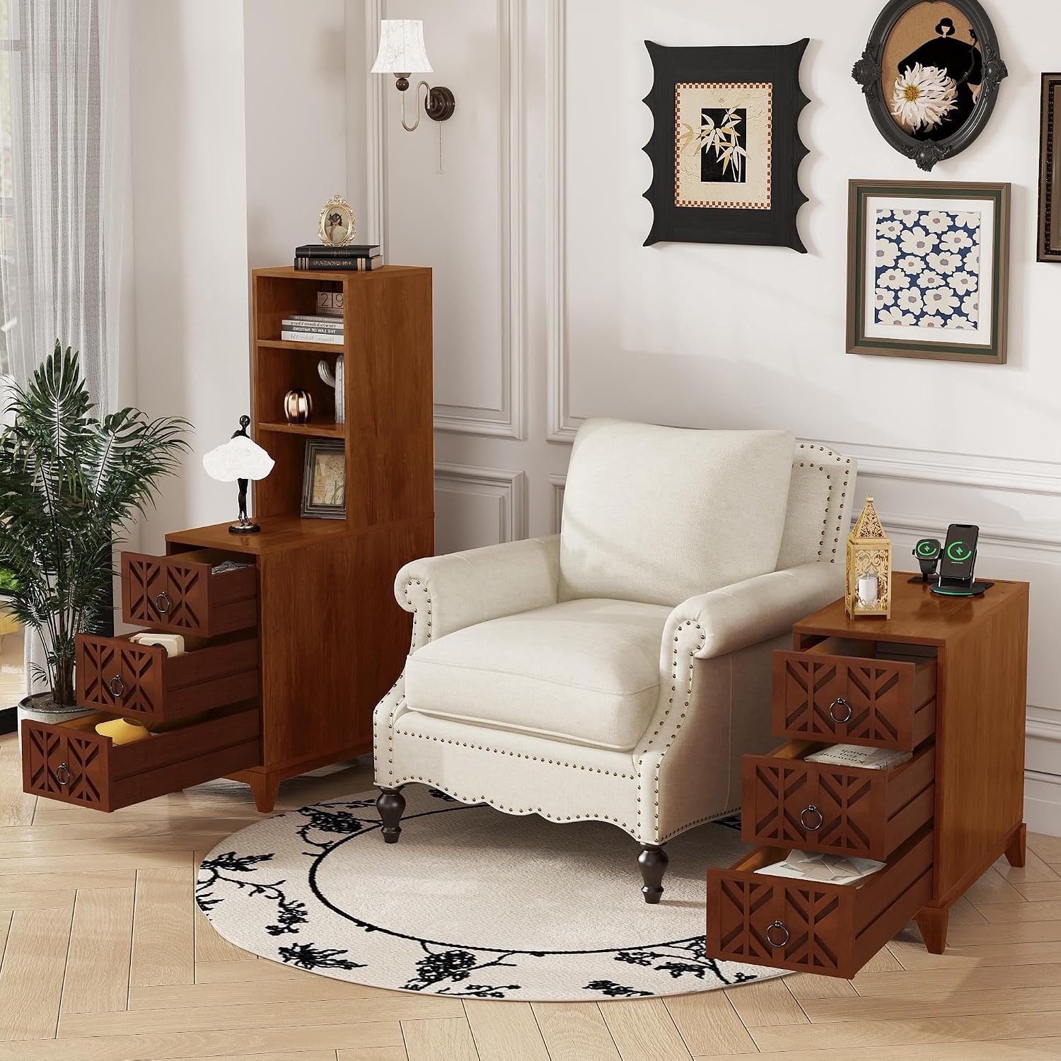 End Table with 3 Drawers & 2 Adjustable Shelves,Corner Table with USB & AC Charge Station,X-Shaped Carved Front,Solid Wood Frame,Tall Narrow Side Tables for Bedroom,Living Room,Small Space,Natural