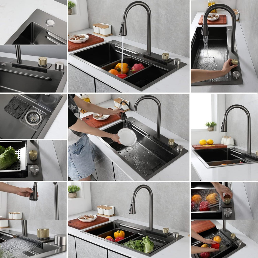 Stainless Steel Single-Bowl Kitchen Workstation Sink Washing Draining and Cutting 3-in-1 Utility Sink Multi-Functional Farmhouse Sink (Color : Black, Size : 68x45x22cm) (Black 68x45x22cm)