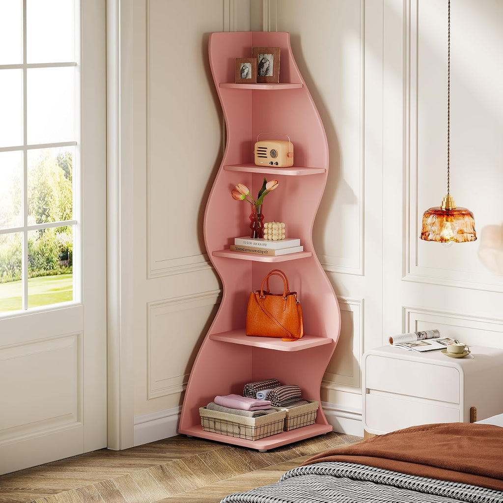 Tribesigns Wavy Corner Shelf Set of 2, Modern 5-Tier Bookshelf Etagere Bookcase with Curvy Shape, Unique Plant Stand Display Shelf for Living Room Small Space (Pink)