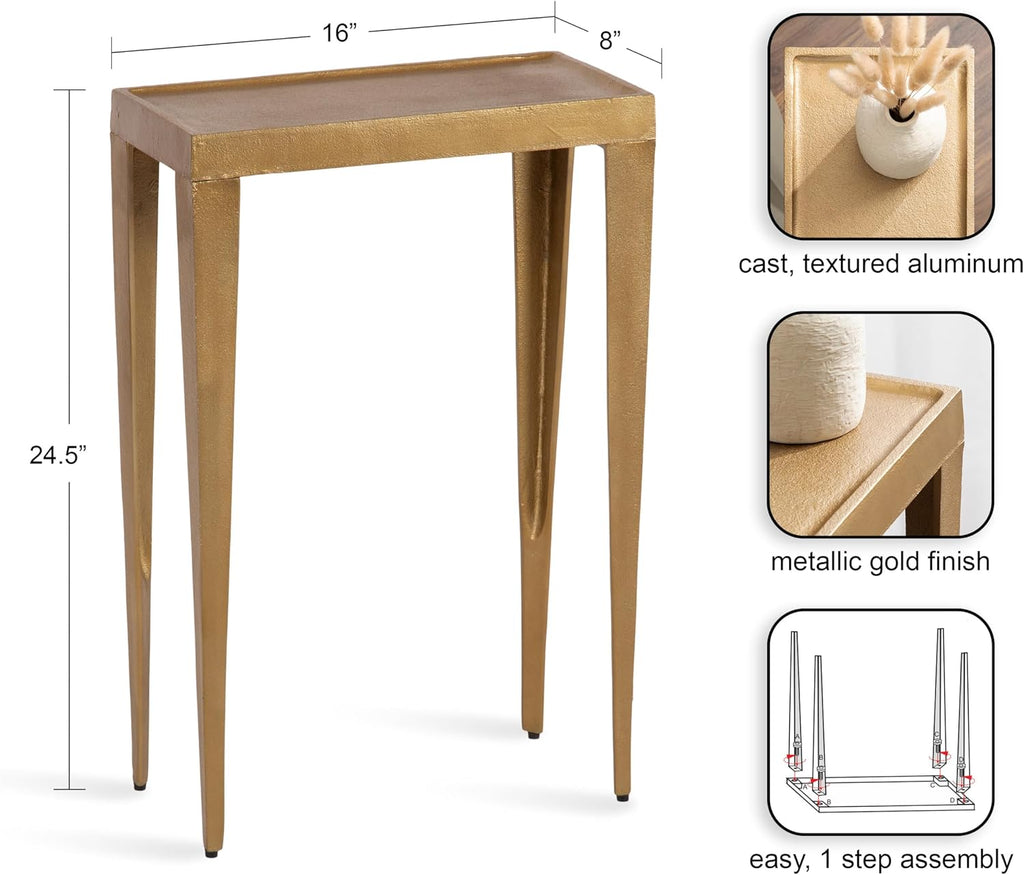 Kate and Laurel Rava Modern Cast Aluminum Metal Narrow Side Table, 16 x 8 x 25, Gold, Slim Bedroom Nightstand for Use as Bedside Table or Skinny Living Room End Table