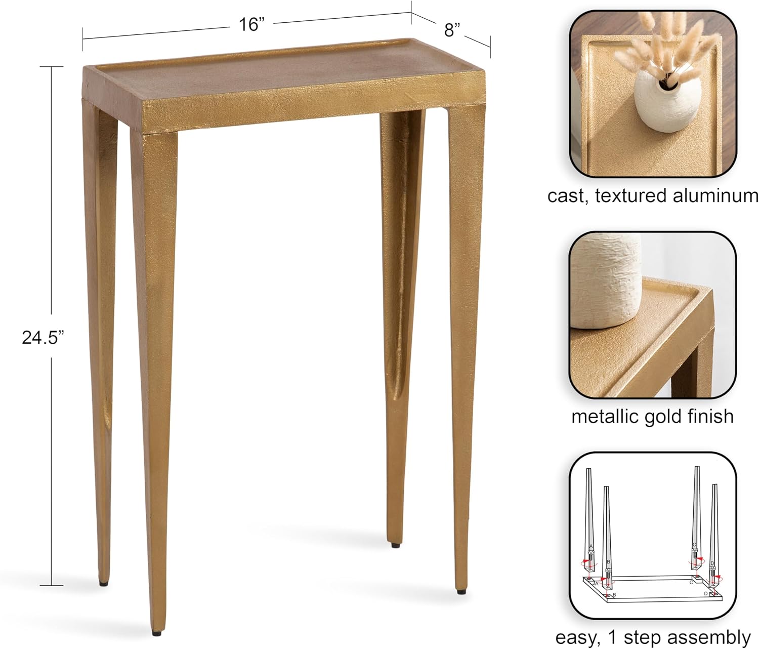 Kate and Laurel Rava Modern Cast Aluminum Metal Narrow Side Table, 16 x 8 x 25, Gold, Slim Bedroom Nightstand for Use as Bedside Table or Skinny Living Room End Table