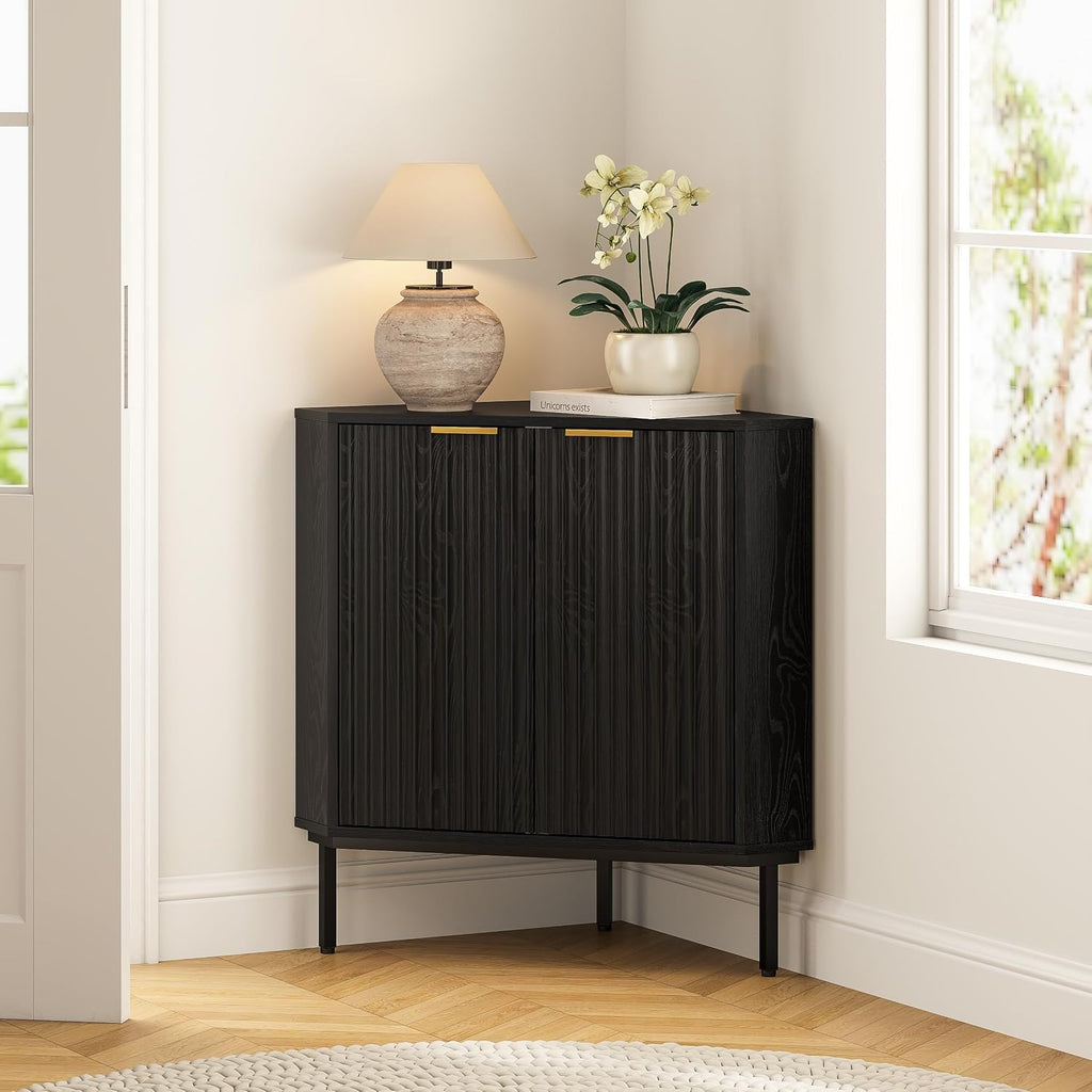 EYYTHUNG Fluted Corner Cabinet, Modern Small Corner Floor Cabinet with 2 Doors and 2-Tier Shelves, Freestanding Narrow Organizer for Living Room Kitchen Bathroom, Black