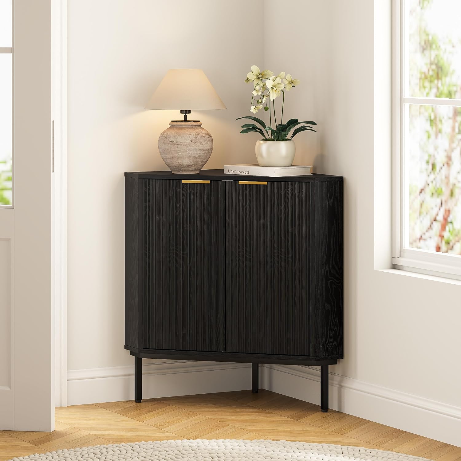 EYYTHUNG Fluted Corner Cabinet, Modern Small Corner Floor Cabinet with 2 Doors and 2-Tier Shelves, Freestanding Narrow Organizer for Living Room Kitchen Bathroom, Black
