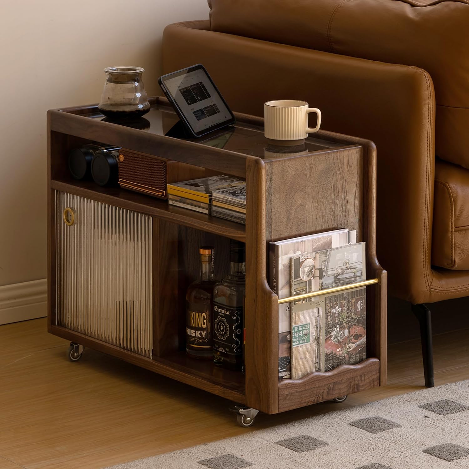 Solid Wood Side Table with Wheels, Narrow Side Table with Storage, Rolling Bedside Table for Bedroom Living Room Dining Room(Walnut, 27.95' D x 11.42' W x 19.88' H)