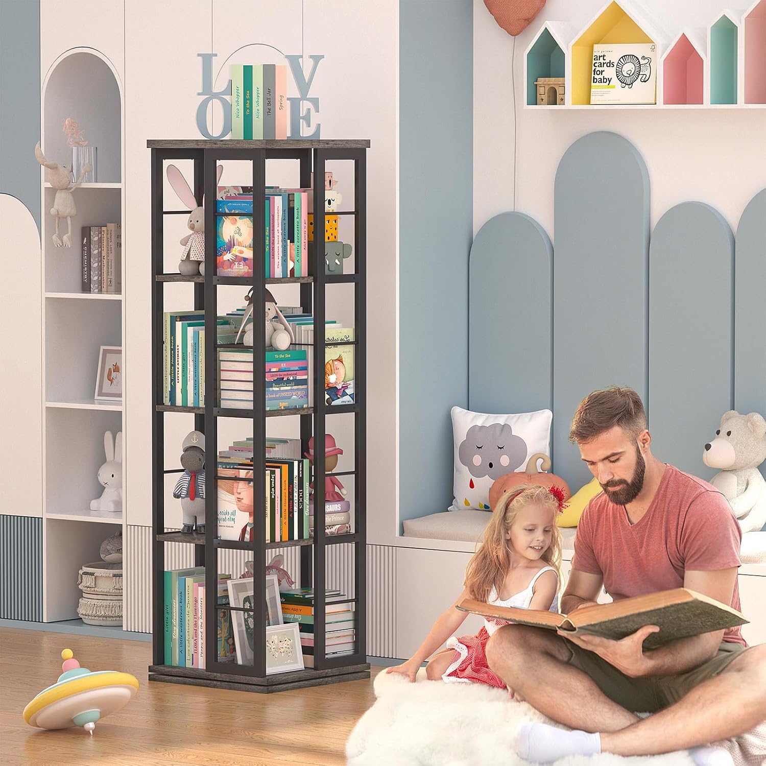 Aheaplus Rotating Bookshelf, 4-Tier Corner Bookshelf, 360 Display Wood Spinning Bookshelf, Floor Standing Bookcase Narrow Shelf Revolving Organizer Storage Rack for Small Space, Grey Oak