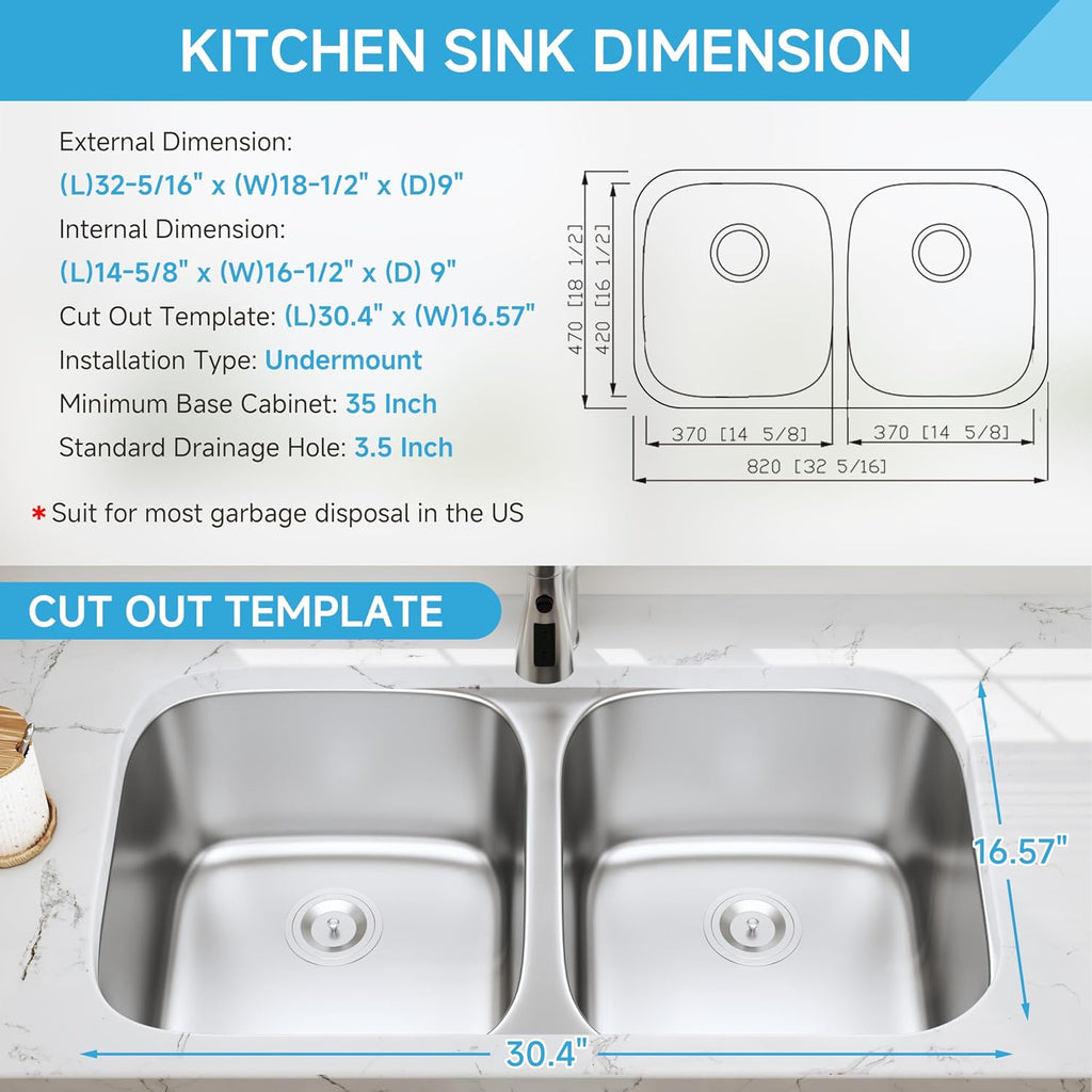 32 Inch Undermount Doube Bowl Kitchen Sink, 18 Gauge 304 Stainless Steel 50/50 Curved Shape Deep Kitchen Sinks, Strainer Included, 32' x 18' x 9'