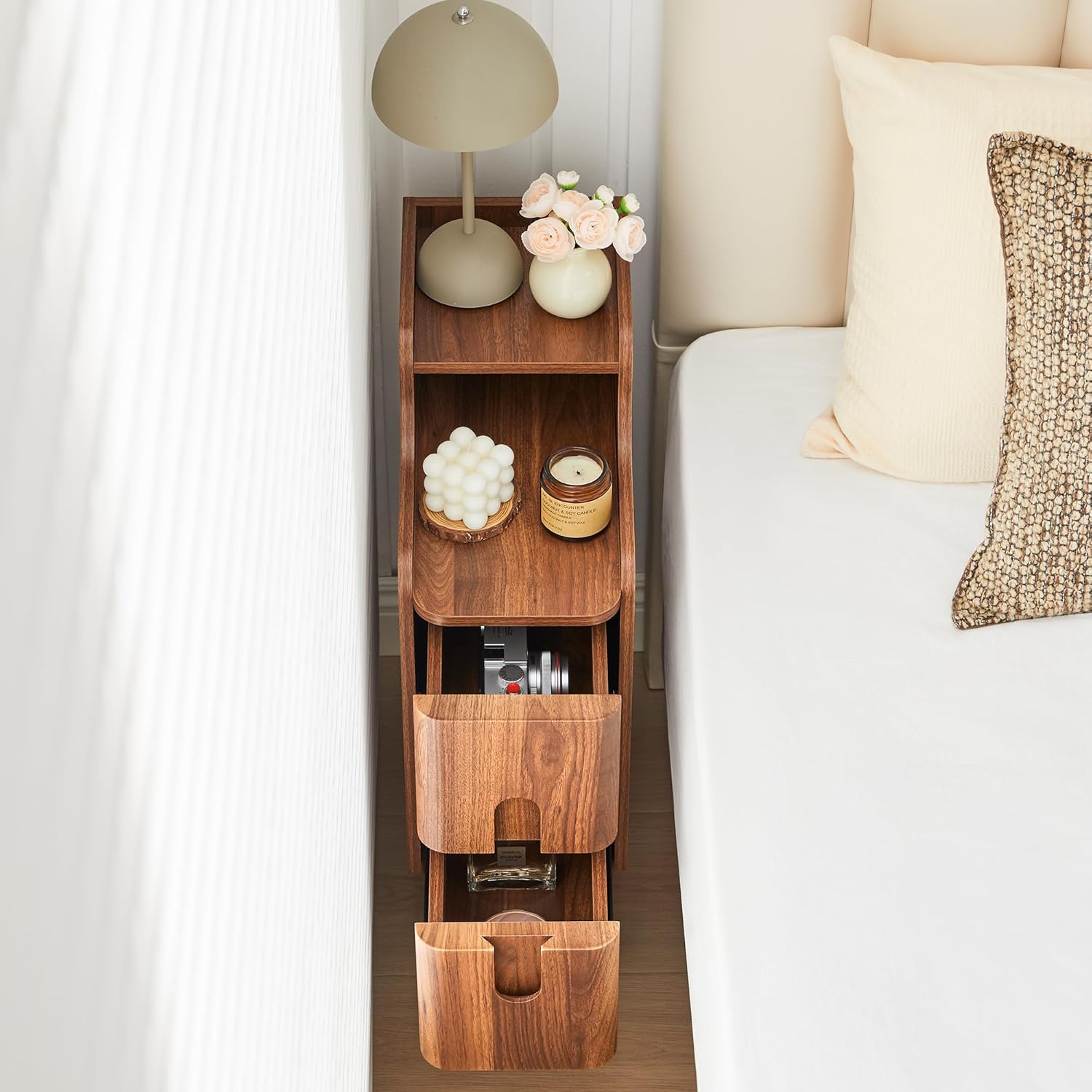 Narrow Nightstand Set of 2, Wood 2 Drawer Small Nightstand, Slim Side Table, Modern Skinny End Bedside Table, Natural Wood Night Stand with Drawers for Bedroom (Walnut-2 pcs)