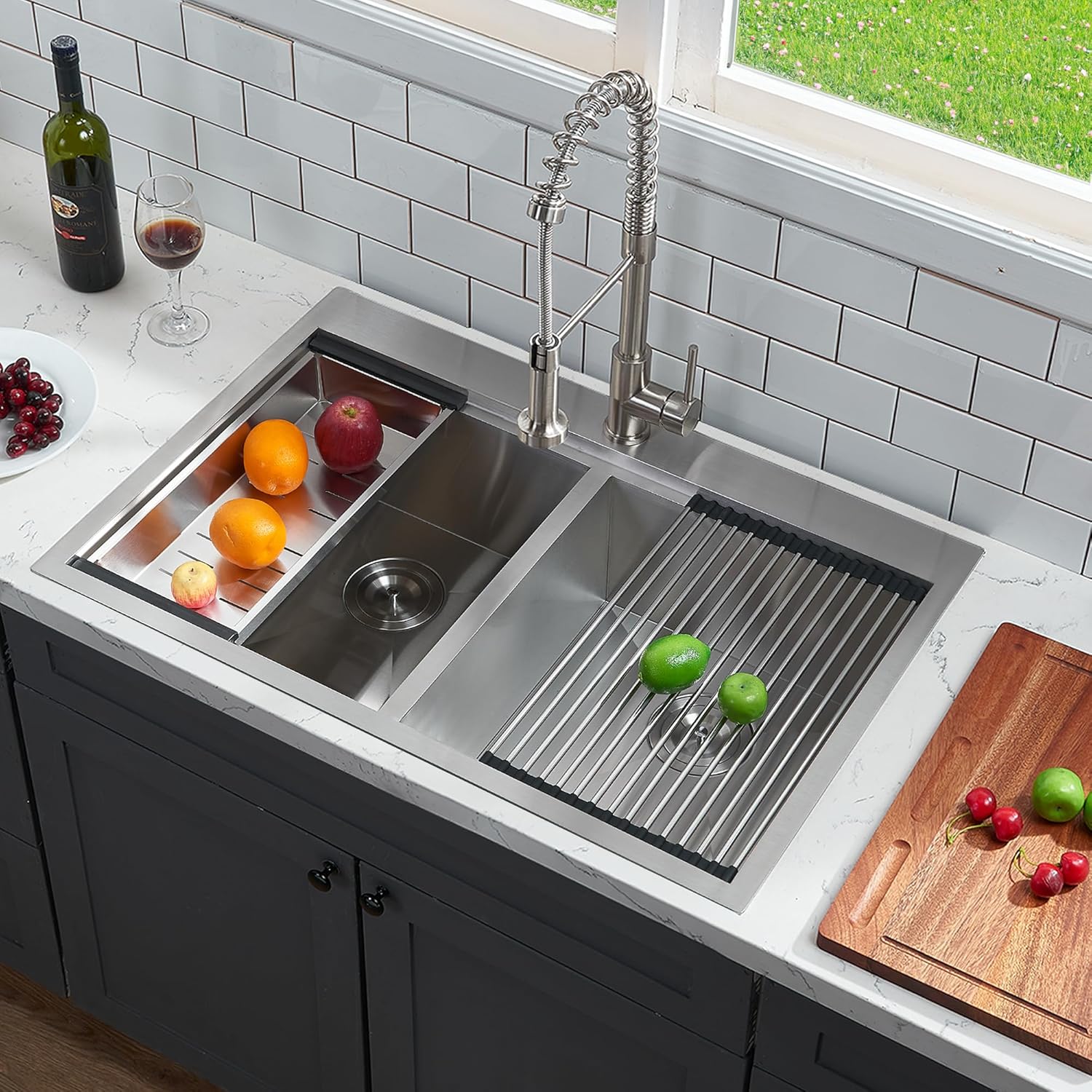 IKEBANA 33 x 22 Inch Double Bowl Kitchen Sink Drop in, Brushed Nickel 16 Gauge Stainless Steel Topmount 50/50 Double Basin Workstation Kitchen Sink with Accessories