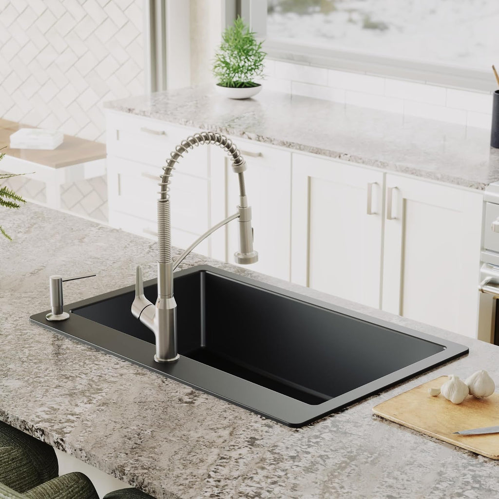 Karran 33' Drop-In Top Mount Quartz Composite Single Bowl Kitchen Sink in Black – Extra Deep 9' Basin, Heat Resistant, Sound Dampening, Easy Clean Surface
