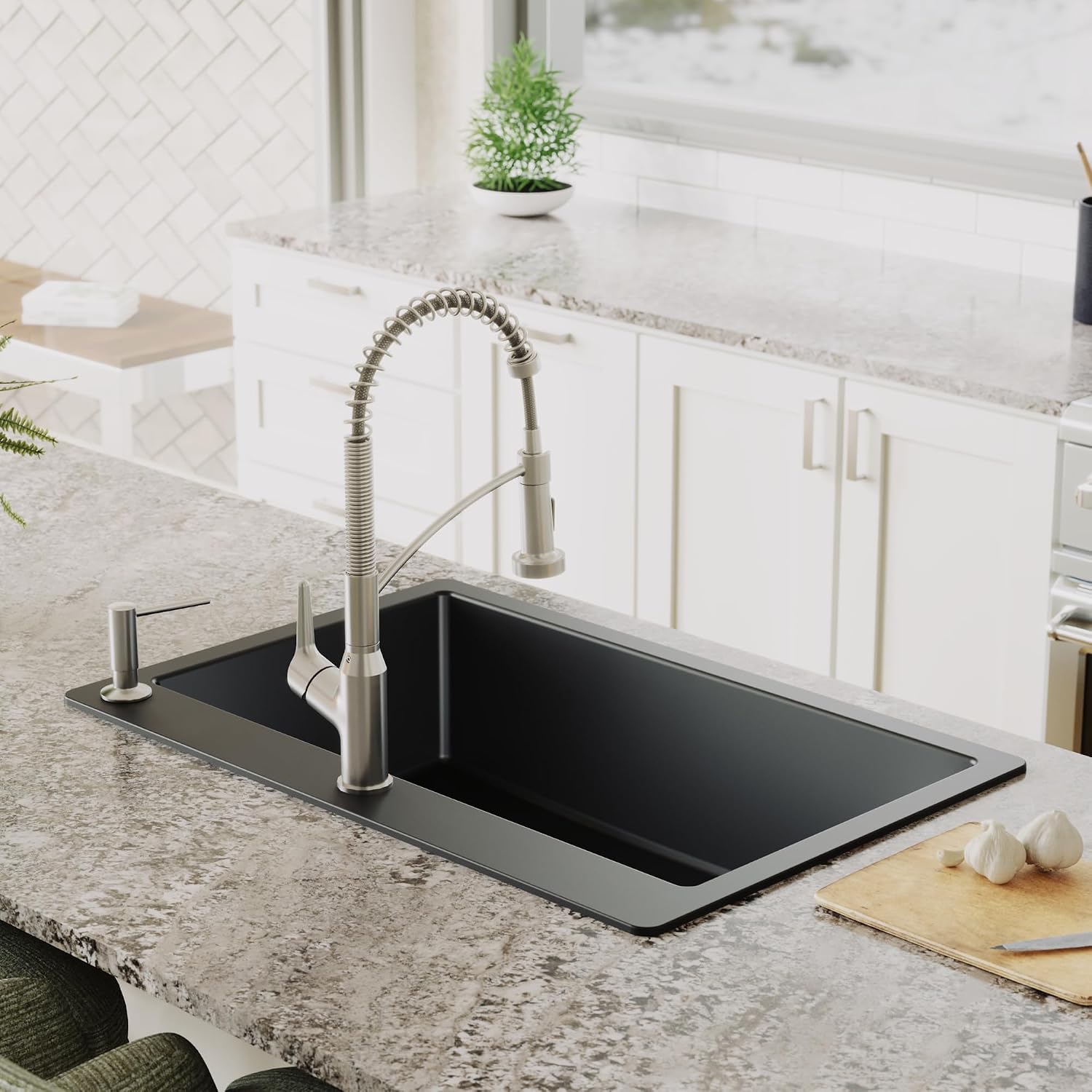 Karran 33' Drop-In Top Mount Quartz Composite Single Bowl Kitchen Sink in Black – Extra Deep 9' Basin, Heat Resistant, Sound Dampening, Easy Clean Surface