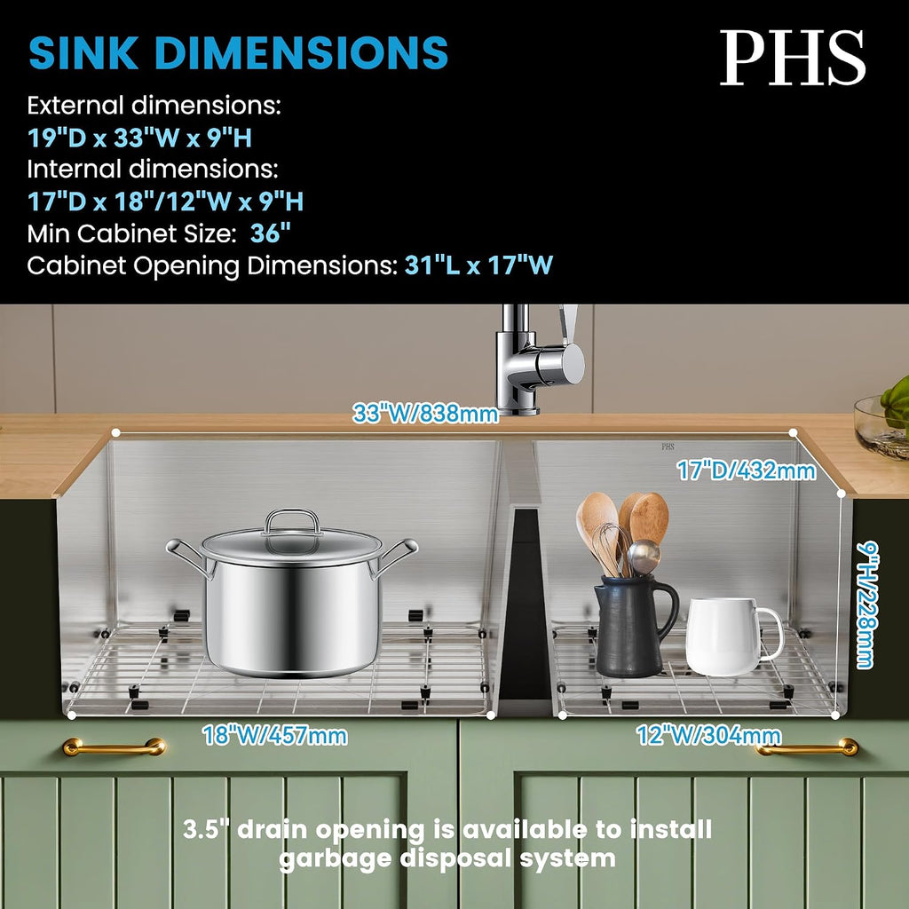 PHS 33-Inch Undermount -60/40 Double Bowl 16 Gauge Stainless Steel Kitchen Sink with Accessories, 9 Inch Deep Sinks with Brushed Finish
